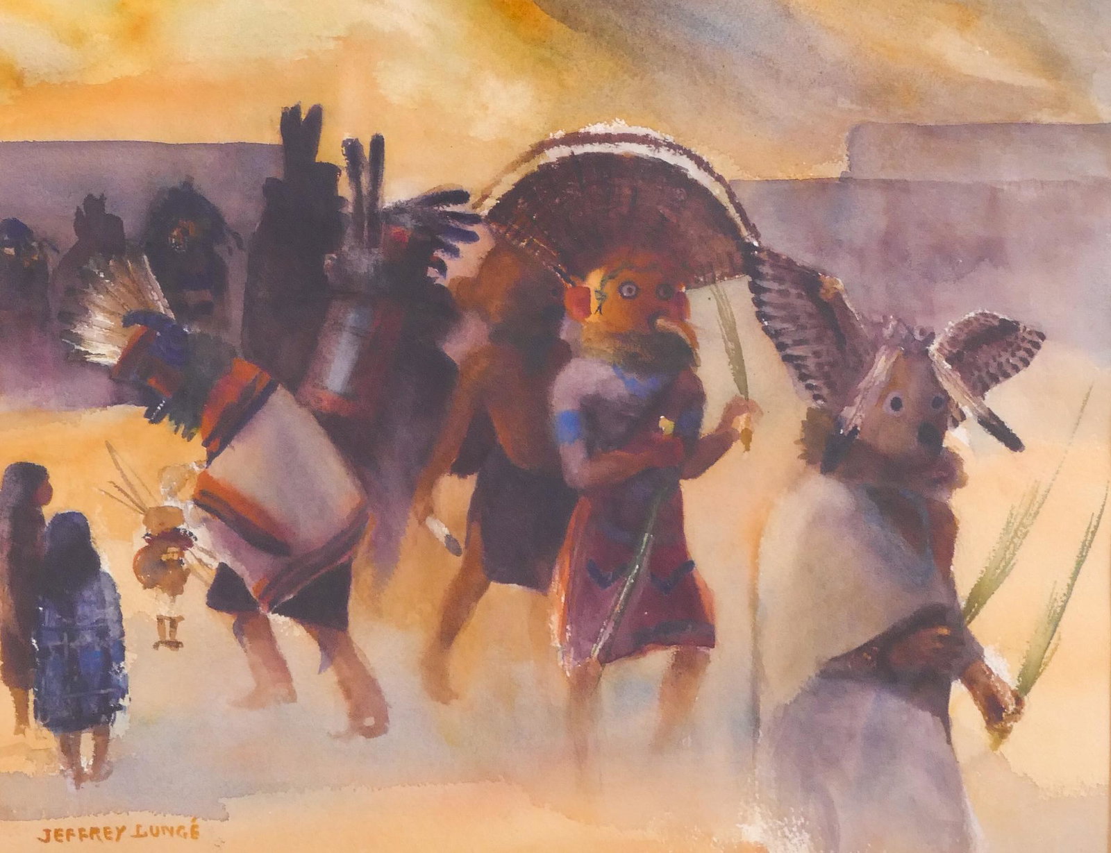 Jeffrey Roy Lunge ''Hopi Dancers'' Watercolor: Jeffrey Roy Lunge (1905-1993 Arizona) ''Hopi Dancers'' Watercolor. 16''x20'' Sight. An image of Hopi Kachina dancers. Signed l.l. Framed 24''x28''. Excellent condition. Collection of Alden Frick Megre