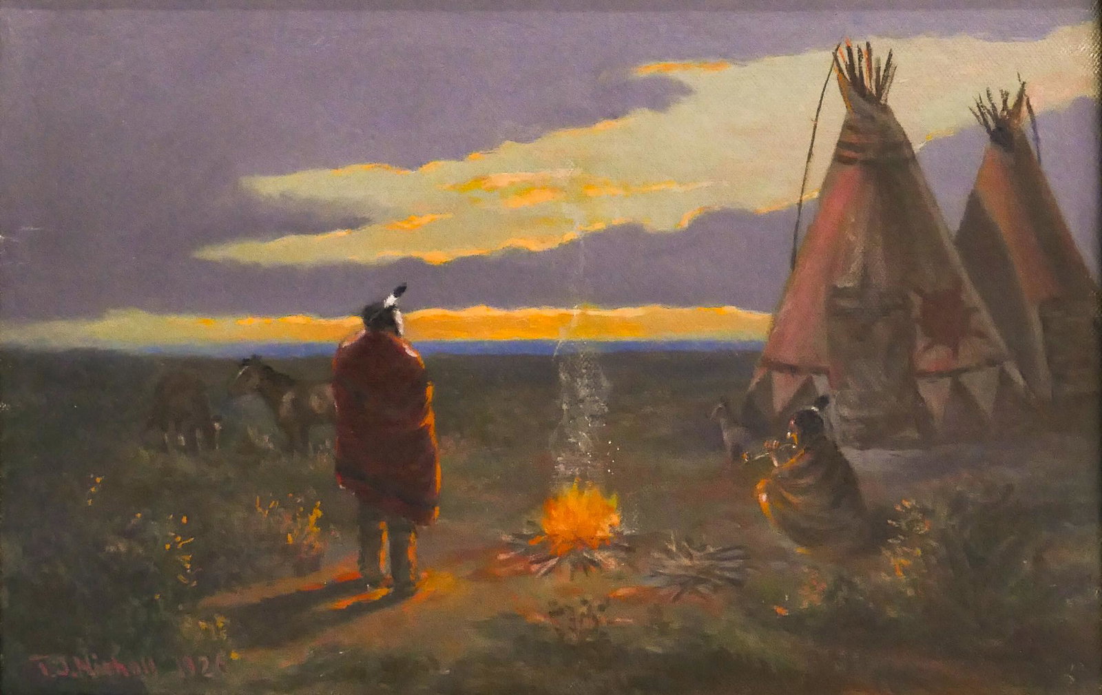 Thomas Jeff Nicholl ''Out Where the West Begins'': Thomas Jeff Nicholl (1851-1931 American) ''Out Where the West Begins'' Oil on Canvas, 1926. 11''x17'' Image. A western scene of natives and teepees at dusk. Signed and dated l.l., title on verso. Peri