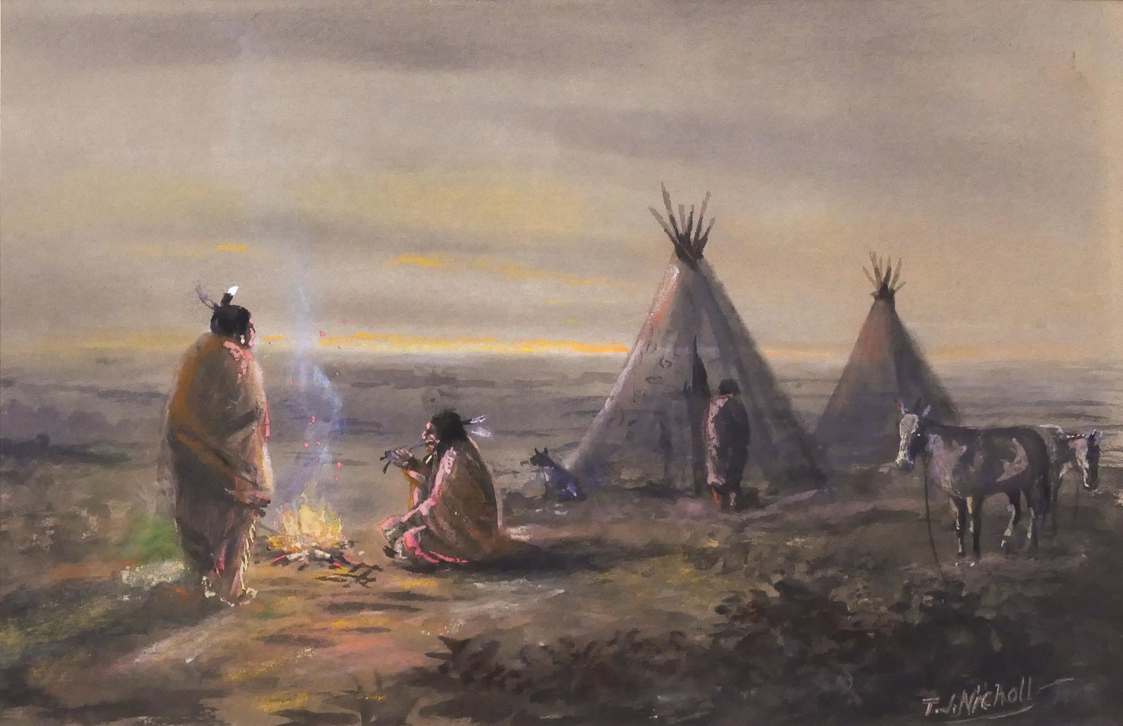 Thomas Jeff Nicholl ''Sketch'': Thomas Jeff Nicholl (1851-1931 American) ''Sketch for Out Where the West Begins'' Watercolor. 7.5''x11.5'' Sight. A western scene of natives and teepees at dusk. Signed l.r. Nearly identical image to 