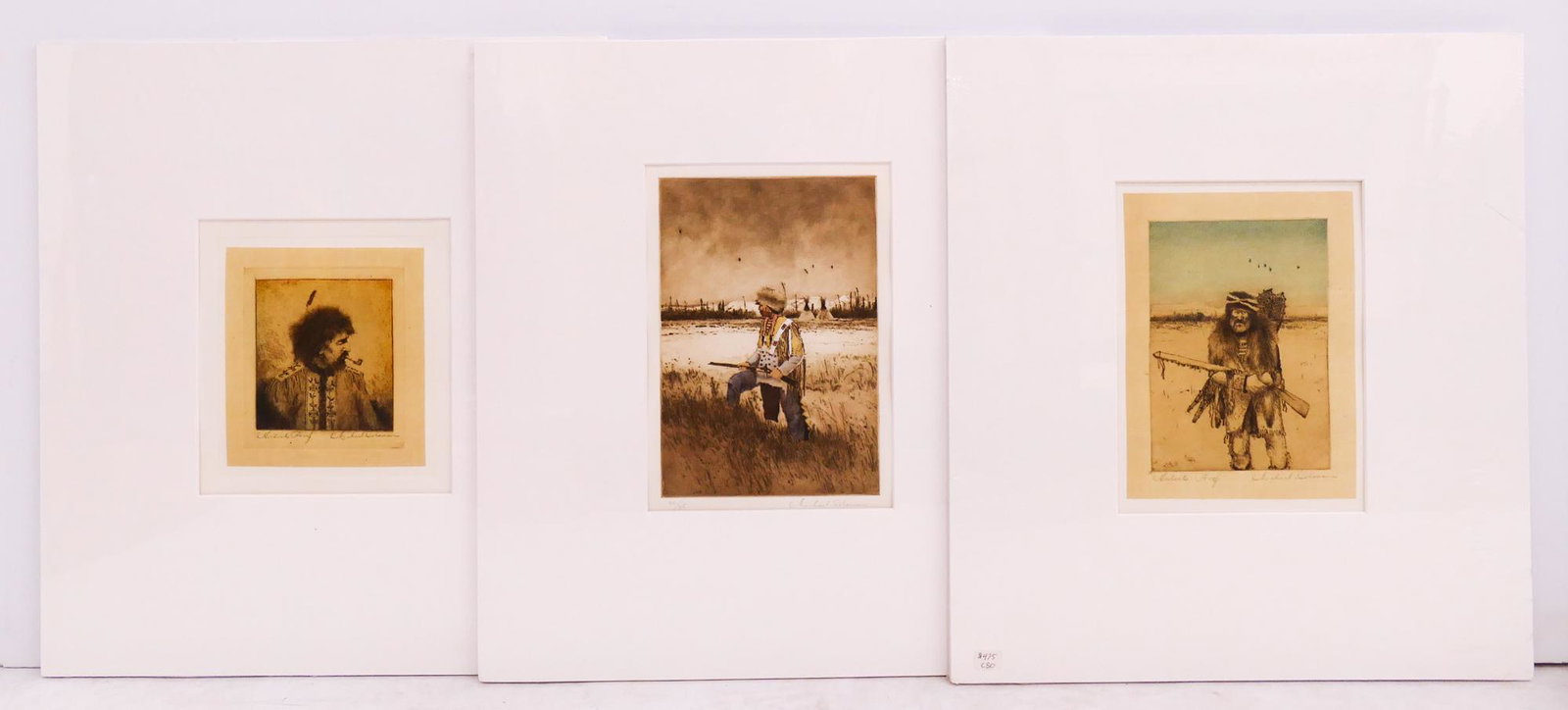 3pc Michael Coleman Aquatint Etchings: 3pc Michael Coleman (b.1946 Utah) Aquatint Etchings. Matted to 17.5''x15.75''. Includes ''Blackfoot with Rifle'' Edition 24/35 (8.75''x6'' Impression), ''Trapper'' Artist Proof Edition (6.75''x5'' Imp