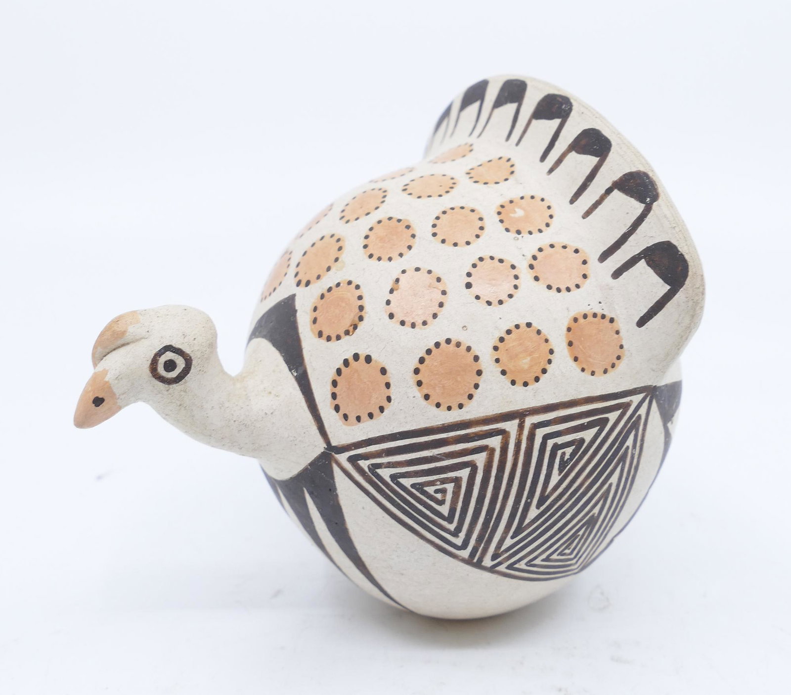 Lucy Lewis Acoma Miniature Turkey Figure: Lucy Lewis (1898-1992 Acoma) Miniature Turkey Figure. Measures 3.25''x3.75''. 3 color polychrome decorated miniature, signed on bottom. Excellent condition. Collection of Alden Frick Megrew (1910-1987