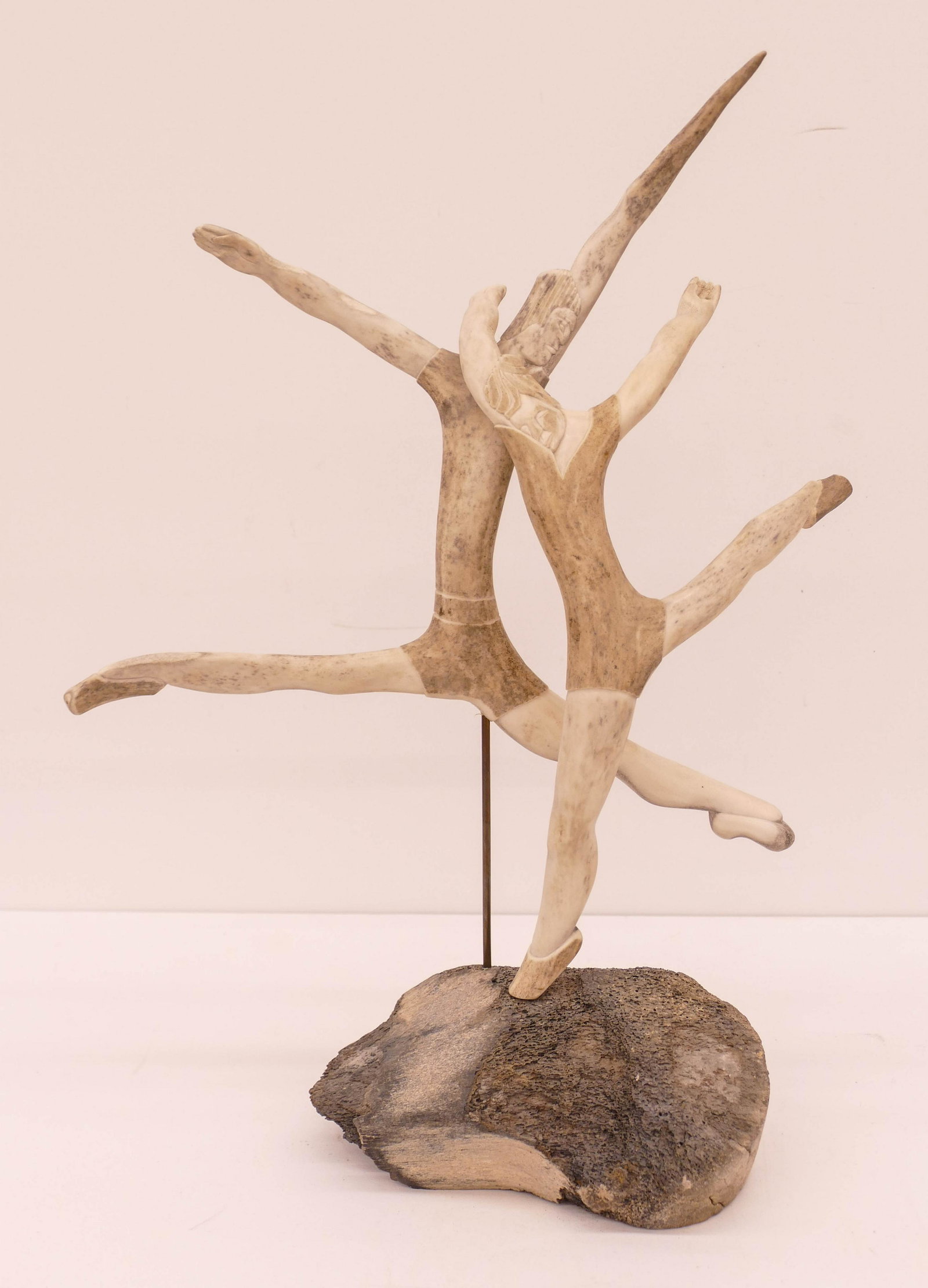 Karen Olanna Dancers Carved Antler Sculpture: Karen Olanna (b.1953 Alaska) Dancers Carved Antler Sculpture, 1983. Measures 19x14''. Eskimo style carved modern sculpture. Signed and dated on base verso. Excellent condition.