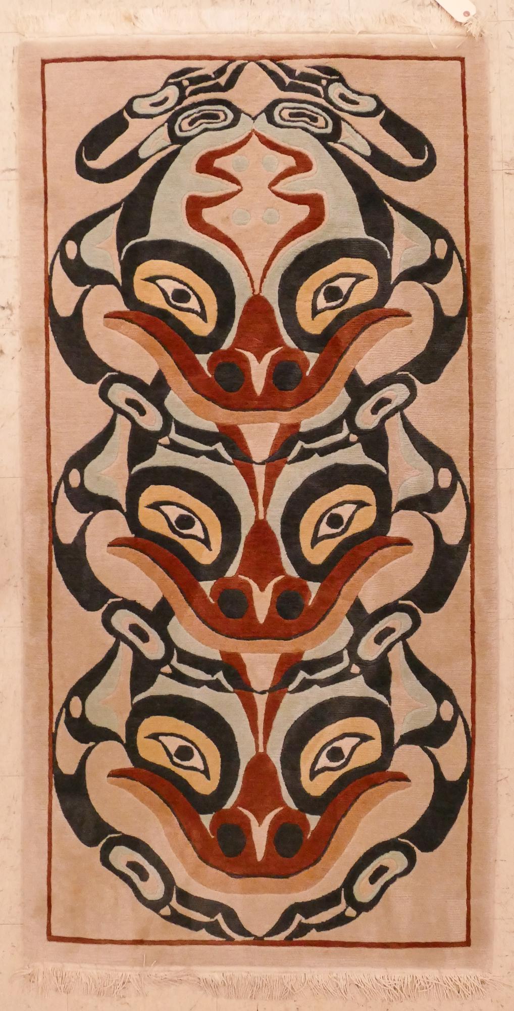 Kuber Design ''The Three Frogs'' NW Native Rug 6'x3': Kuber Design ''The Three Frogs'' NW Coast Native Style Rug, Made in Nepal. 6'x3' Size. Overall excellent condition. (LP)