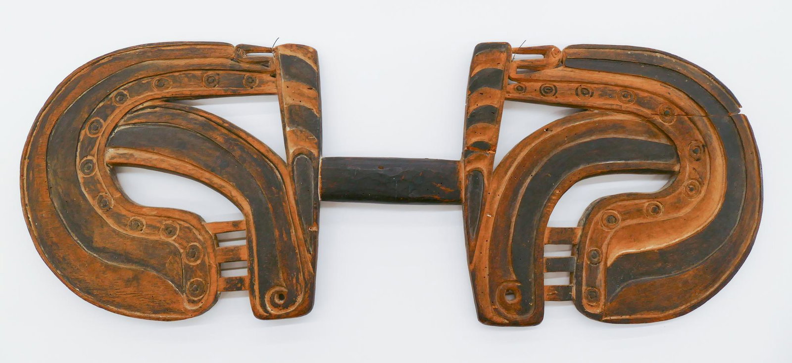 Old Trobriand New Guinea Kaydebu Dance Shield: Old Trobriand New Guinea Kaydebu Wood Dance Shield 21x8''. A carved and painted wood dance staff. Old repair to edge of one side. Scattered surface wear from use. Purchased circa 1950-1960. Collection