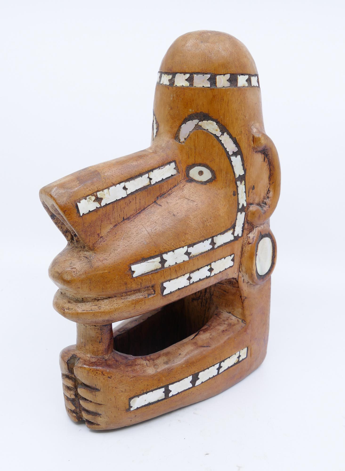 Old Solomon Islands Inlaid Canoe Prow: Old Solomon Islands Inlaid Canoe Prow 8.5x6''. Mother of pearl inlaid wood figural prow ornament. Some surface wear from age. Purchased circa 1950-1960. Collection of artist, Edward Brownlee (1929-201