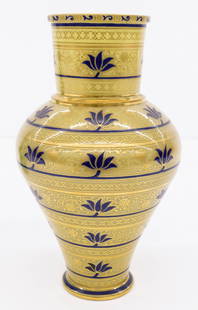 J.&L. Lobmeyr Spanish Moorish Series Vase: J.&L. Lobmeyr Spanish Moorish Series Glass Vase 9.5''x5.5''. A scarce gilt and cobalt enameled orientalist vase designed by Franz Schmoranz, circa 1878. A similar example can be seen in the Lobmeyr