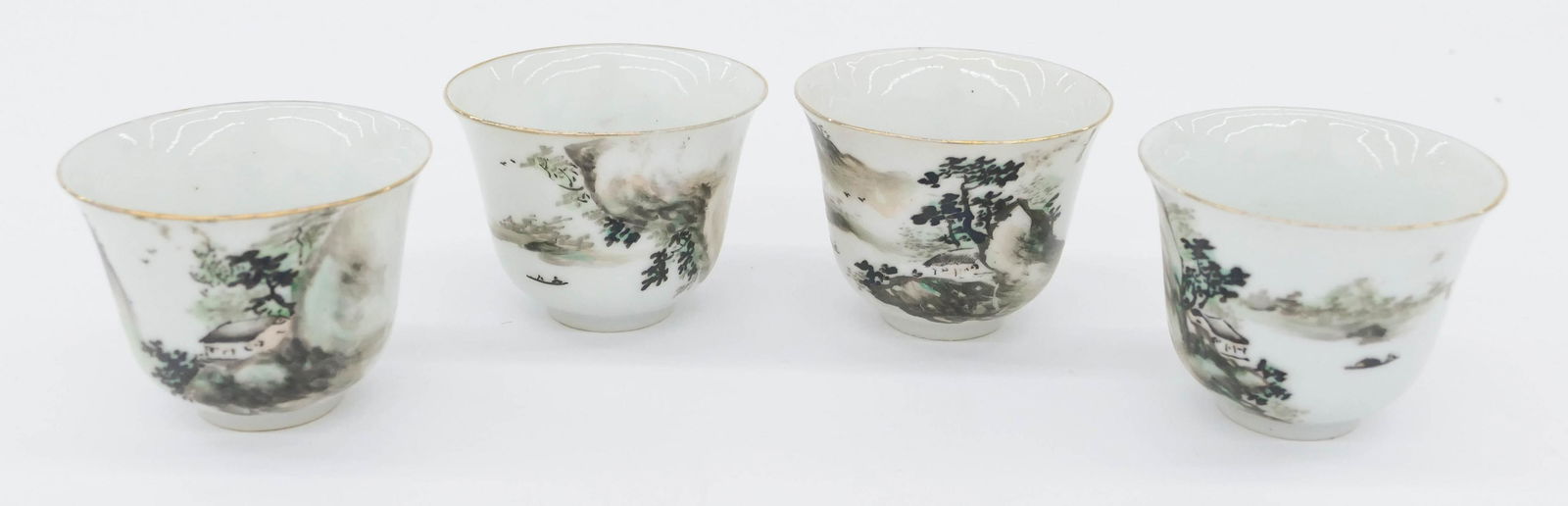 Set 4 Chinese Jiangxi Republic Tea Cups: Set 4 Chinese Jiangxi Republic Tea Cups 2.25''x3''. Hand painted with hut in landscape motifs and calligraphy. Red stamped Jiangxi porcelain factory marks. Excellent condition. Mid 20th century, Repub