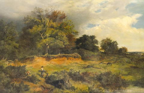 Sidney Richard Percy ''Near Capel Curig, North Wales": Sidney Richard Percy (1821-1886 British) ''Near Capel Curig, North Wales'' 1851 Oil on Canvas 24''x36'' Image. A countryside composition with woman and men gathering and sheep in background. Signed an