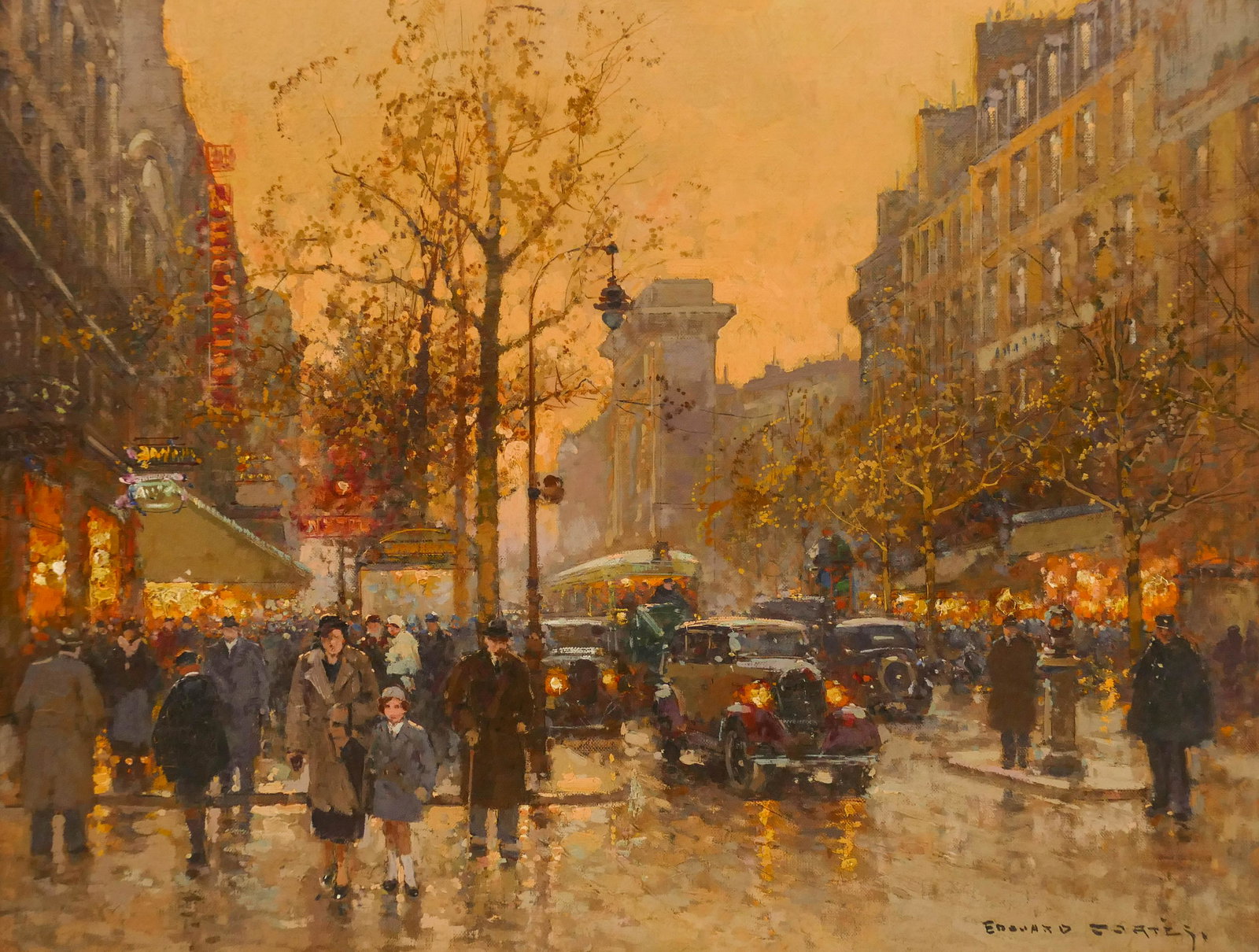 Edouard Cortes ''Night in Paris'' Oil: Edouard Cortes (1882-1969 French) ''Night in Paris'' (Vers la Porte Saint-Denis en Automne) Oil on Canvas 19.5''x25.5'' Image. Exceptional Parisian street scene bustling with cars and figures near dus