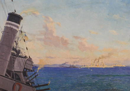 Victor Qvistorff ''Battleships at Sea'' 1941 Oil: Victor Qvistorff (1883-1953 Danish) ''Battleships at Sea'' 1941 Oil on Board 11.75''x16.5'' Image. Signed and dated l.r. Gilt framing 15''x19''. Overall excellent condition.