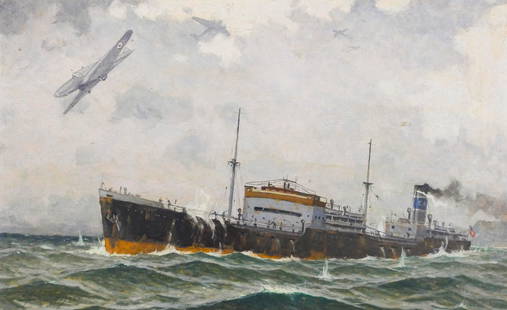 Victor Qvistorff ''Air and Sea Battle Scene'' 1943 Oil: Victor Qvistorff (1883-1953 Danish) ''Air and Sea Battle Scene'' 1943 Oil on Board 13''x20.75'' Image. WWII era scene with planes hovering a ship at sea. Signed and dated l.l. Gilt framing 17''x25''.