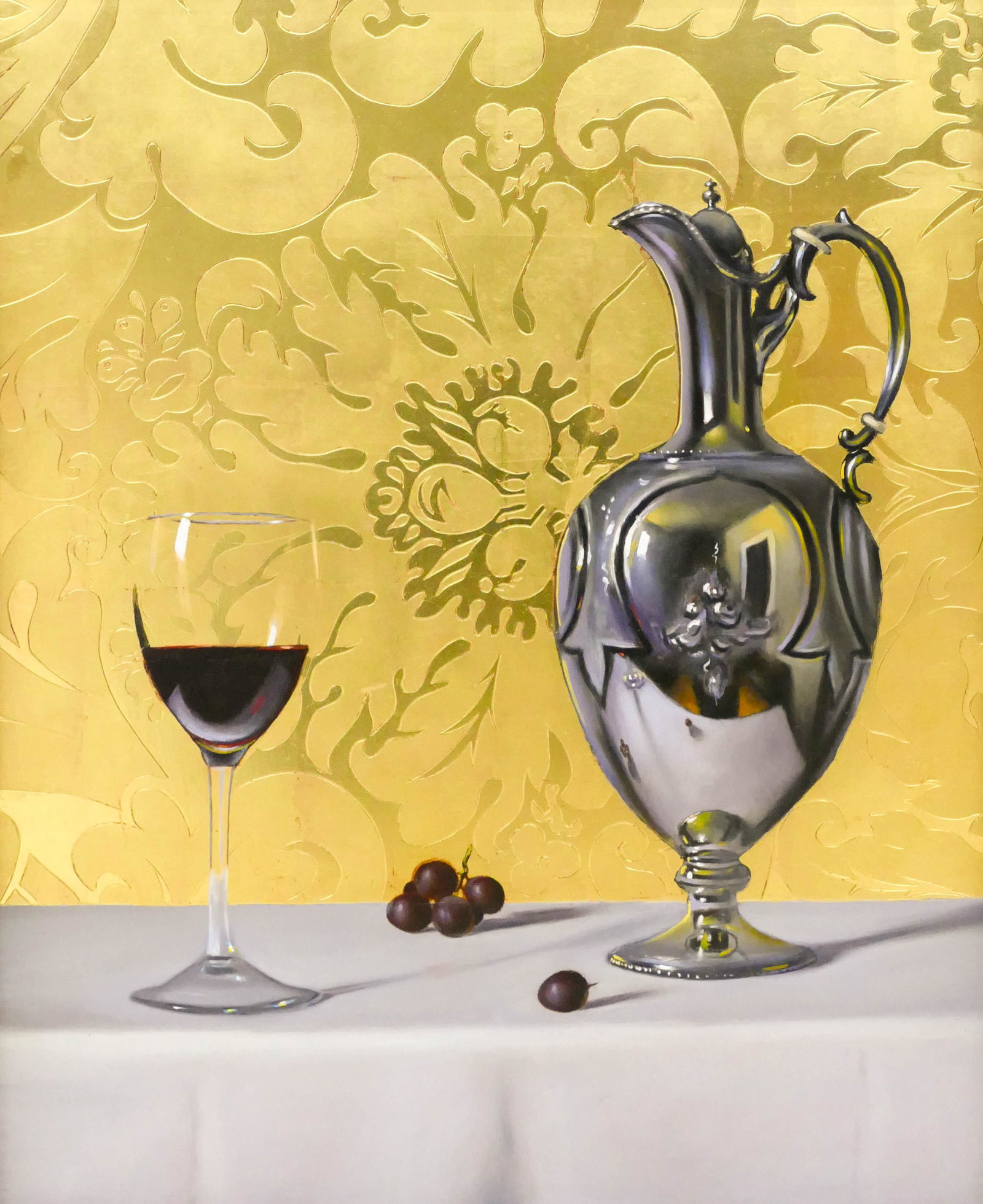 David Hewson ''Wine Icon'' 2000 Oil and 23k Gold: David Hewson (b.1966 American) ''Wine Icon'' 2000 Oil and 23k Gold Leaf on Panel 20.5''x16'' Image. No visible signature. Ornate carved wood framing 28''x24''. Purchased Patricia Rovzar Gallery, Kirkl