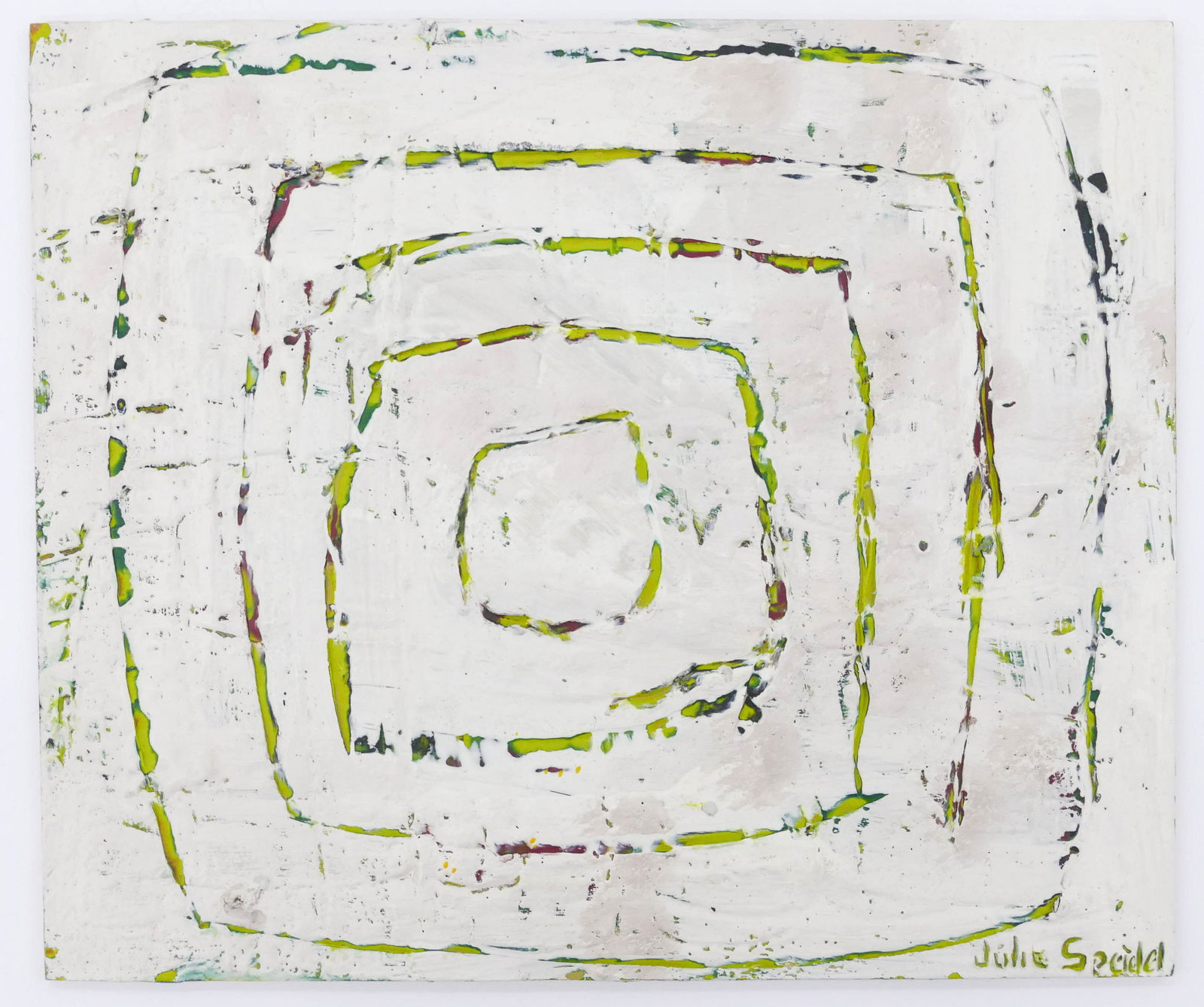 Julie Speidel ''Untitled'' 1990's Encaustic on Masonite: Julie Speidel (b.1941 Washington) ''Untitled'' 1990's Encaustic on Masonite 10.5''x12.5''. A thick impasto geometric abstraction with layered color. Signed l.r. Loose, unframed. Excellent condition. C