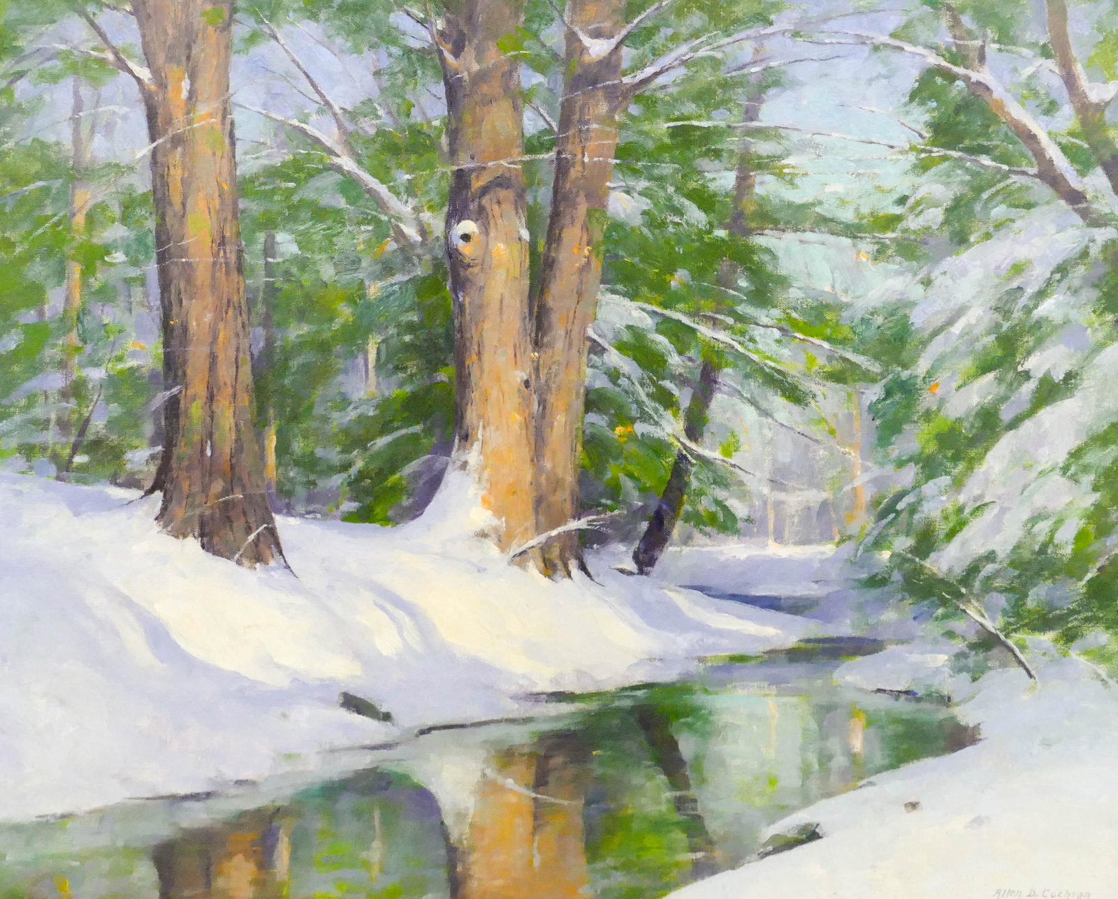 Allen Dean Cochran ''The Jade Pool'' Oil: Allen Dean Cochran (1888-1971 American) ''The Jade Pool'' Oil on Canvas 16''x20'' Image. Impressionist winter landscape composition. Signed l.r. Gilt modern framing 20.5''x24.5''. Excellent condition.