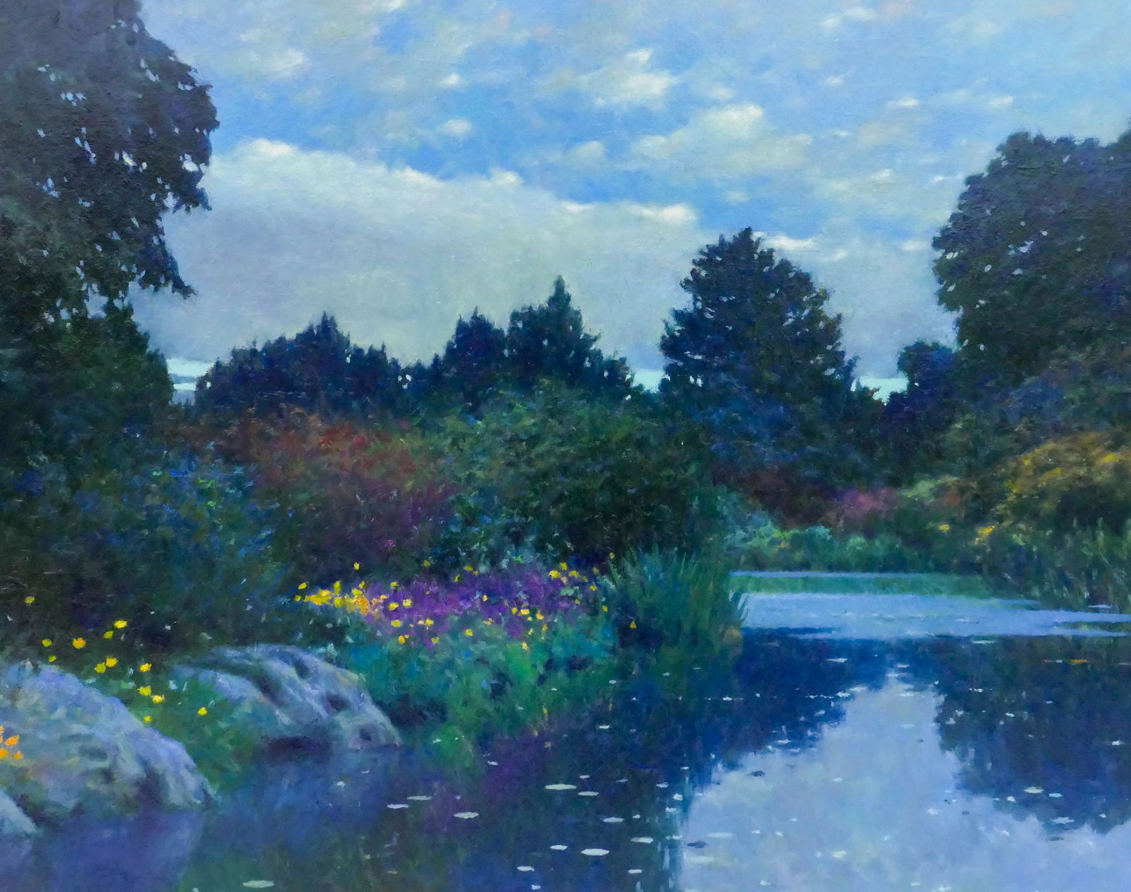 Allan Myndzak ''Blue Dusk'' Oil on Masonite: Allan Myndzak (b.1954 Canadian) ''Blue Dusk'' Oil on Masonite 22''x28'' Image. Impressionist stream scene with blossoming flowers. Signed l.r. with Harrison Galleries, Vancouver label on verso. Galler