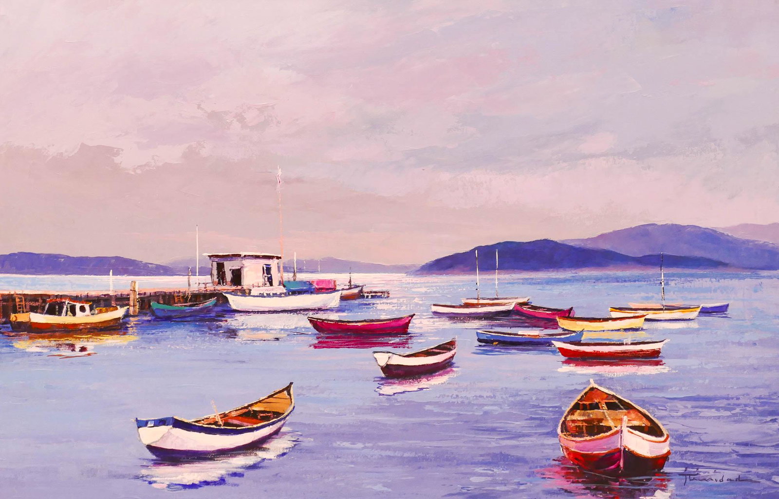 Jose Trinidad ''Safe Harbor'' Oil on Canvas: Jose Trinidad (b.1929 Canadian) ''Safe Harbor'' Oil on Canvas 24''x36'' Image. Signed l.r. with Harrison Galleries, Vancouver label on verso. Gallery framed 33''x45''. Excellent condition.