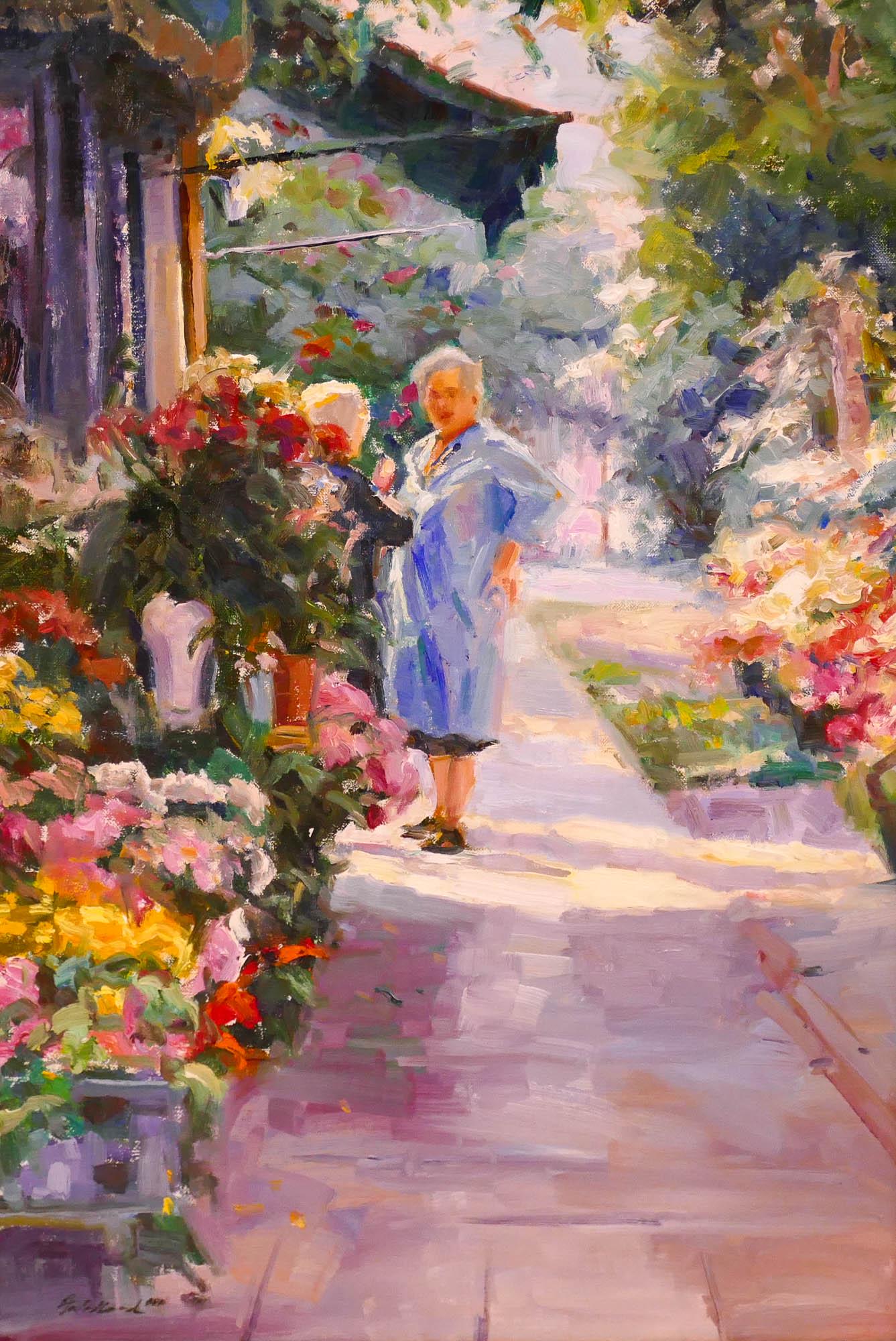 Howard Friedland ''Alicia's Flower Shop'' Oil: Howard Friedland (b.1945 Montana) ''Alicia's Flower Shop'' Oil on Masonite 24''x16'' Image. Colorful impressionist composition. Signed l.l. with March in Montana label on verso. Gilt gallery framing 2
