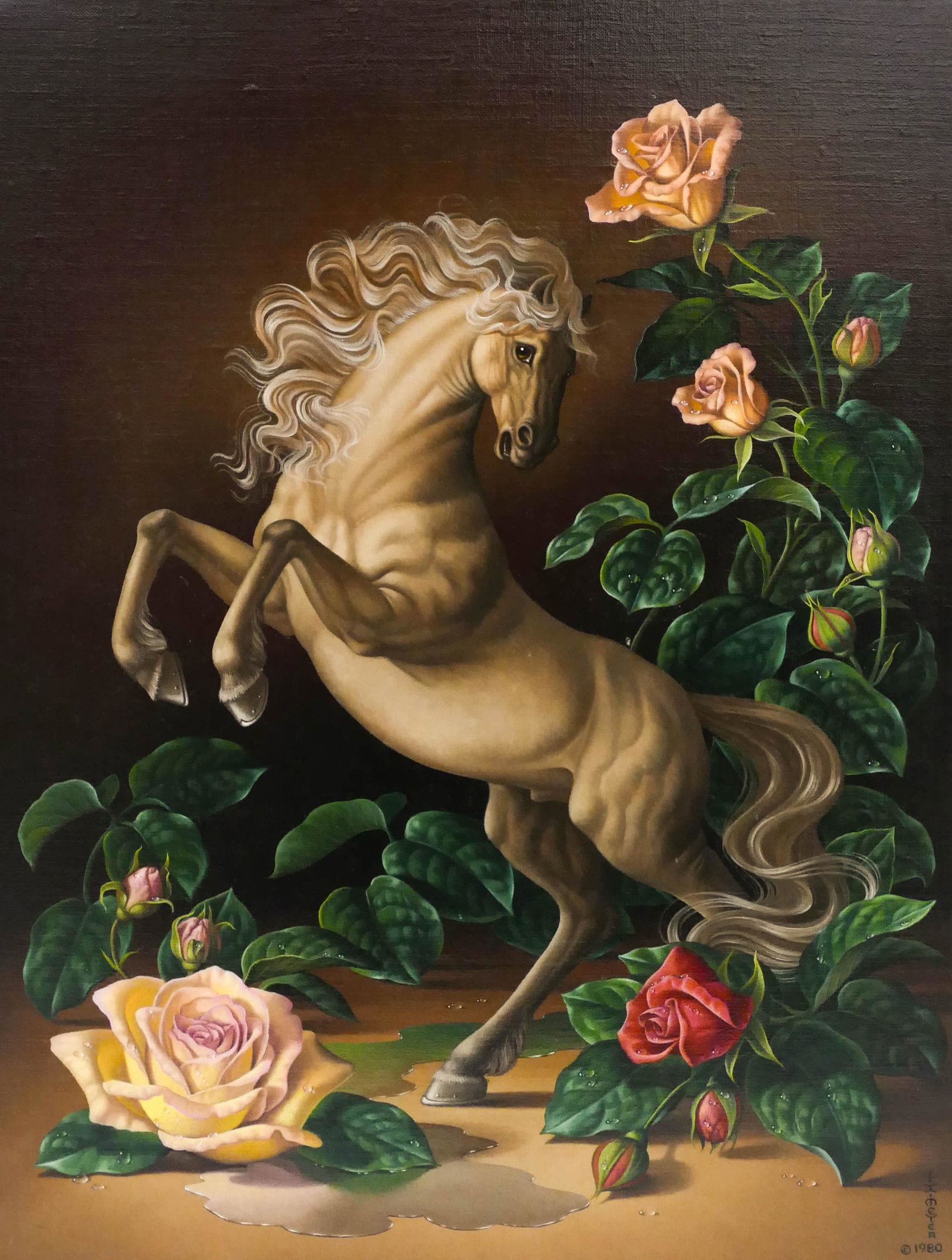 Ilene Meyer ''Rearing Horse Roses'' 1980 Oil (1 of 3)