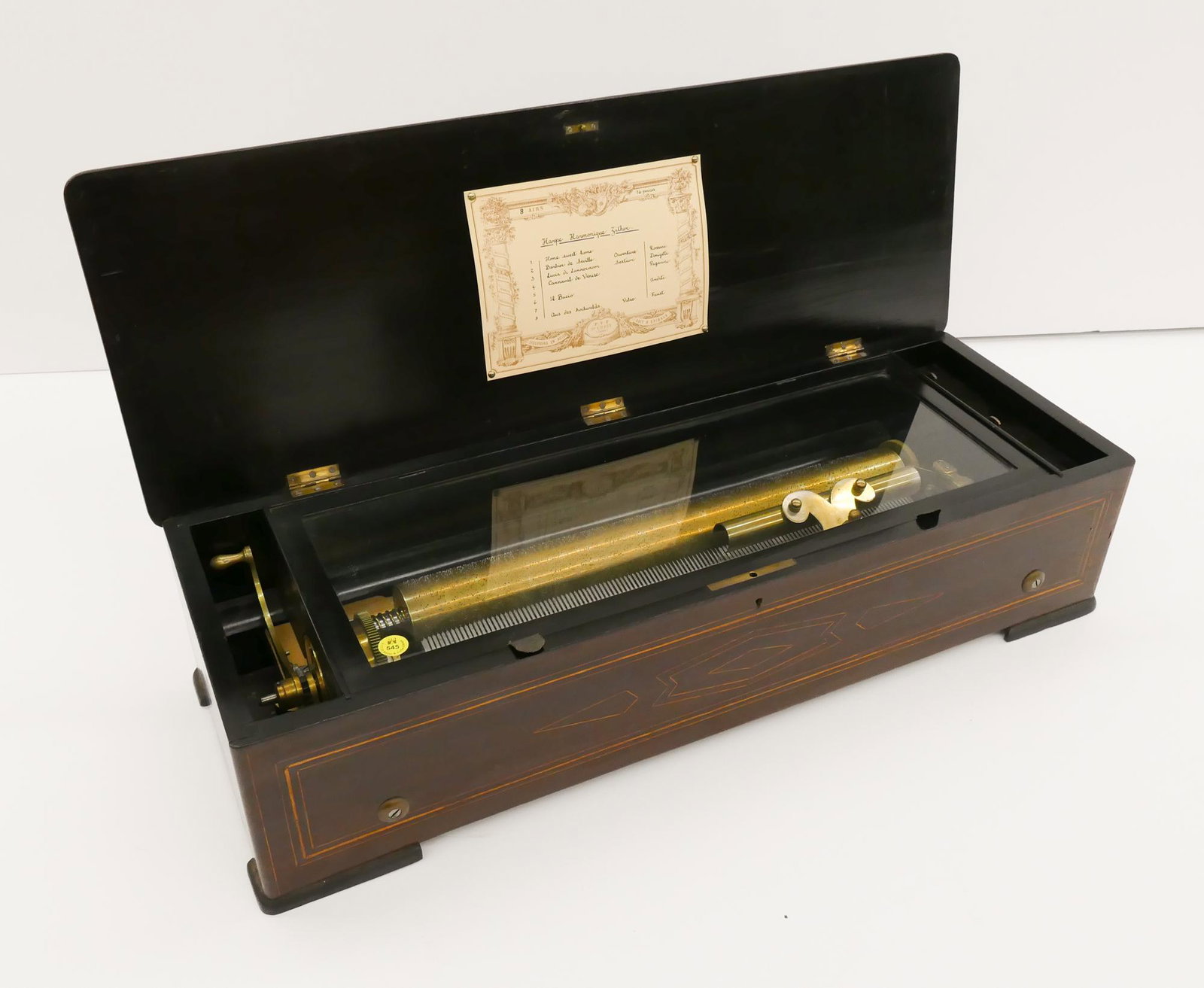 Paillard Swiss Cylinder Harpe Harmonique Zither circa 1870: Paillard Swiss Cylinder Harpe Harmonique Zither Music Box, circa 1870. Serial number appears to read 5487. Housed in inlaid wood box measuring 7x28.5x10.5''. 17.5'' 17.5'' cylinder and zither attachme