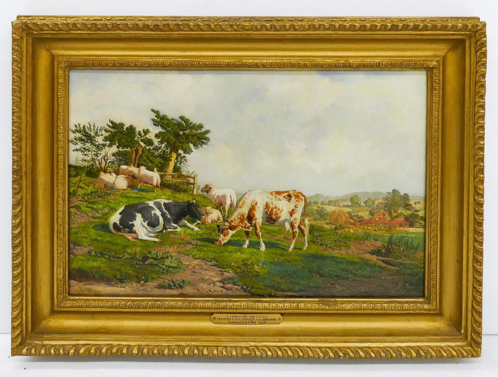 Frederick Williamson 'A Landscape and Cattle' Oil on Panel: Frederick Williamson (c.1835-1900 British) 'A Landscape and Cattle' Oil on Panel. Signed lower left. An intricate landscape of cattle grazing with farm in background. Panel measures 11.'x17'' and is i