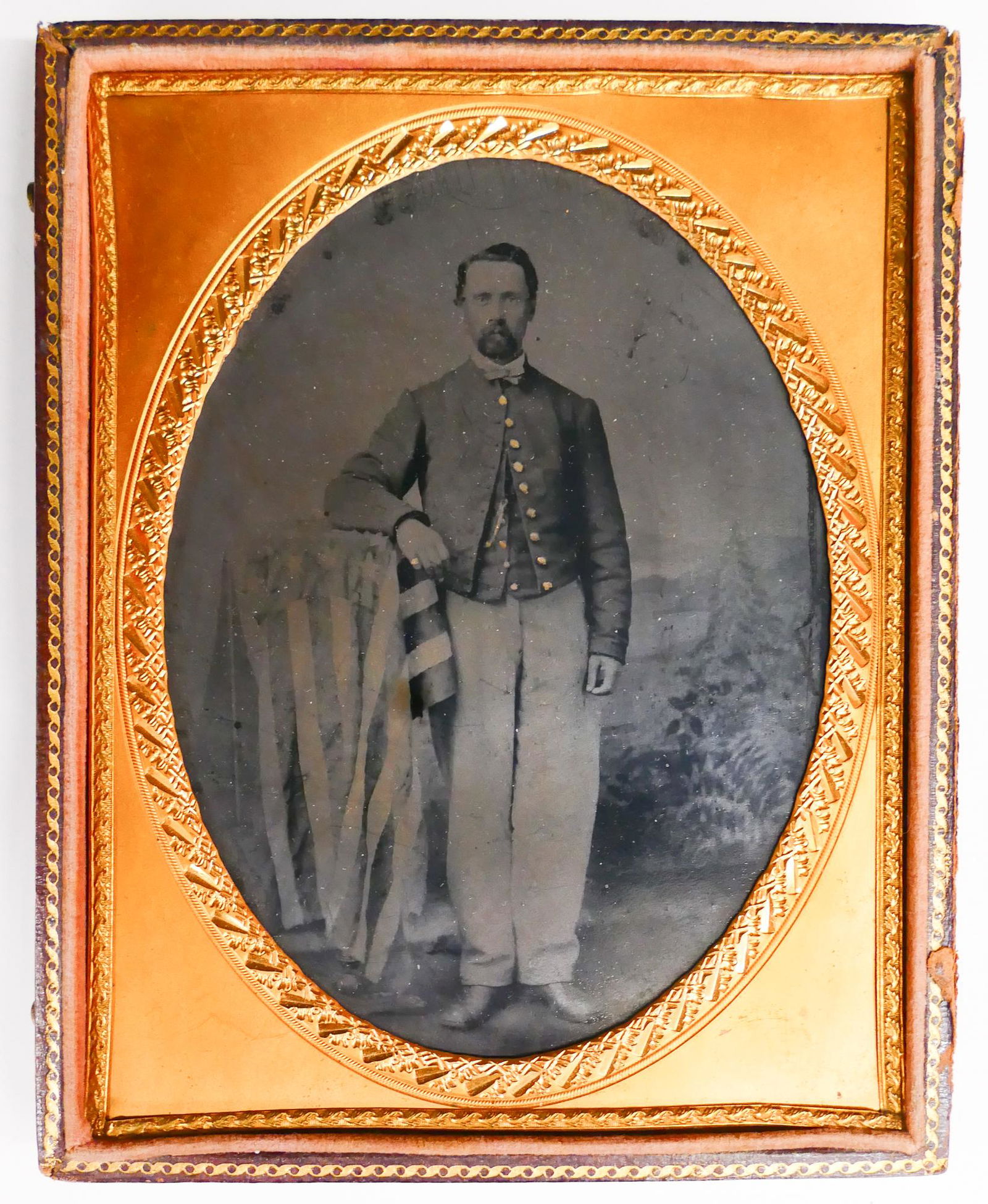Half Plate Tintype with Man & US Flag Draped Pedestal (1 of 2)