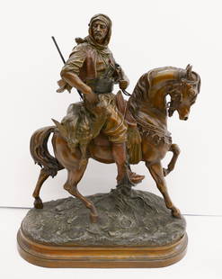 Emile Guillemin 'Arab Knight' Metal Sculpture: Emile Guillemin (1841-1907 France) 'Arab Knight' Metal Sculpture. Signed on base with additional signature from Alfred Barye Fils (1839-1882). Dramatic depiction of an Arab royal returning from a