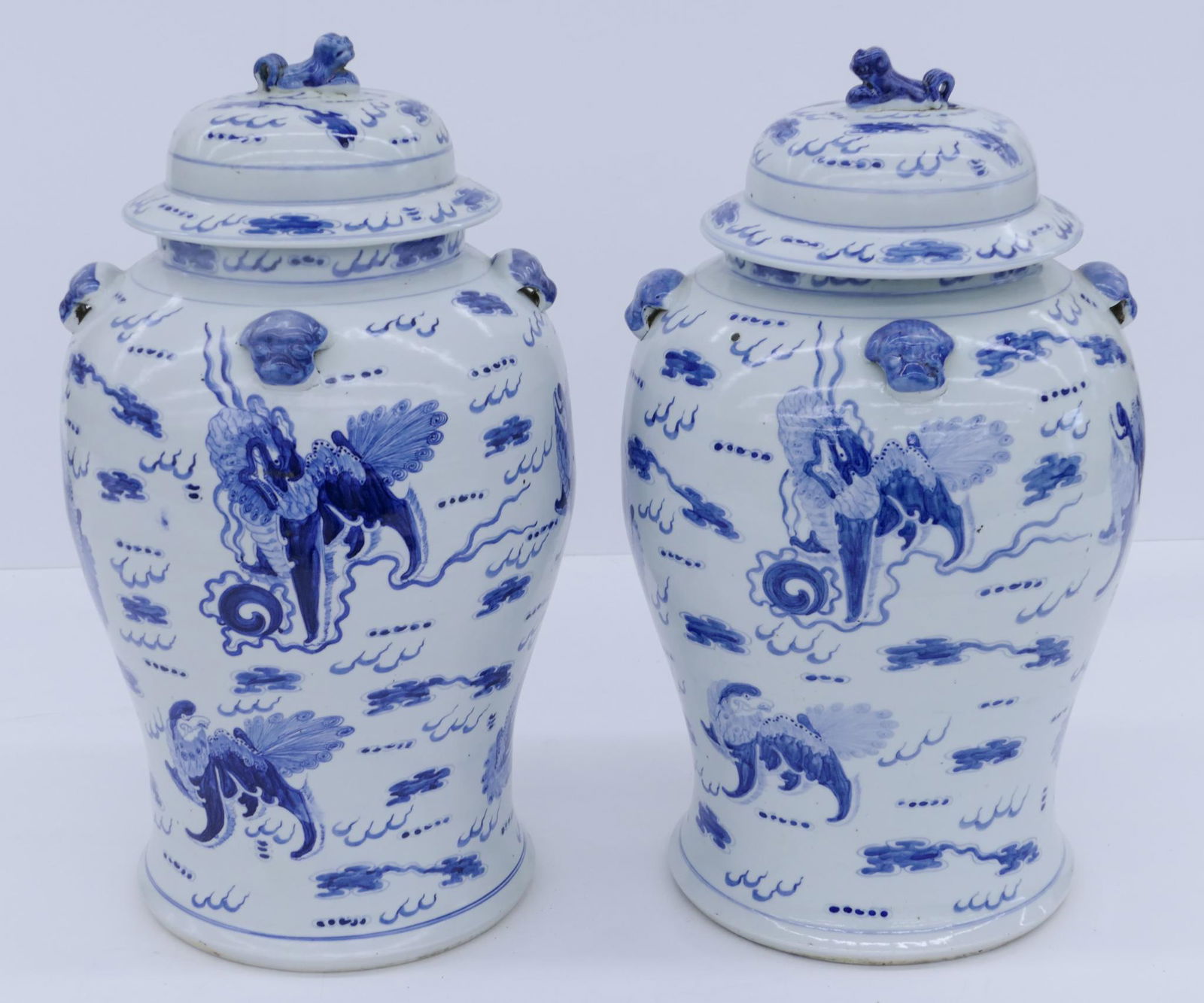 Pair Chinese Qing Blue and White Foo Lion Jars (1 of 3)