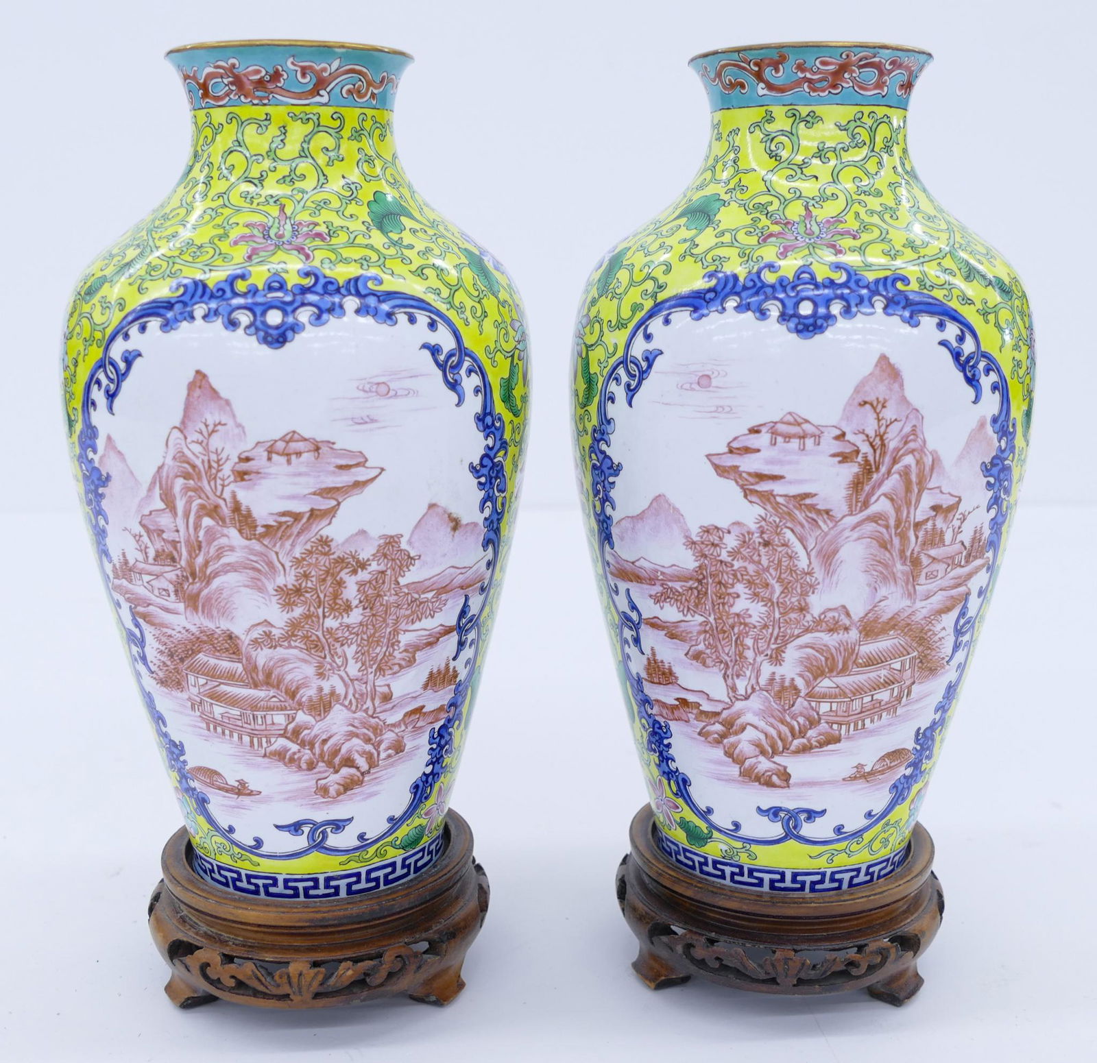 Pair Chinese Peking Enamel Landscape Vases (1 of 3)