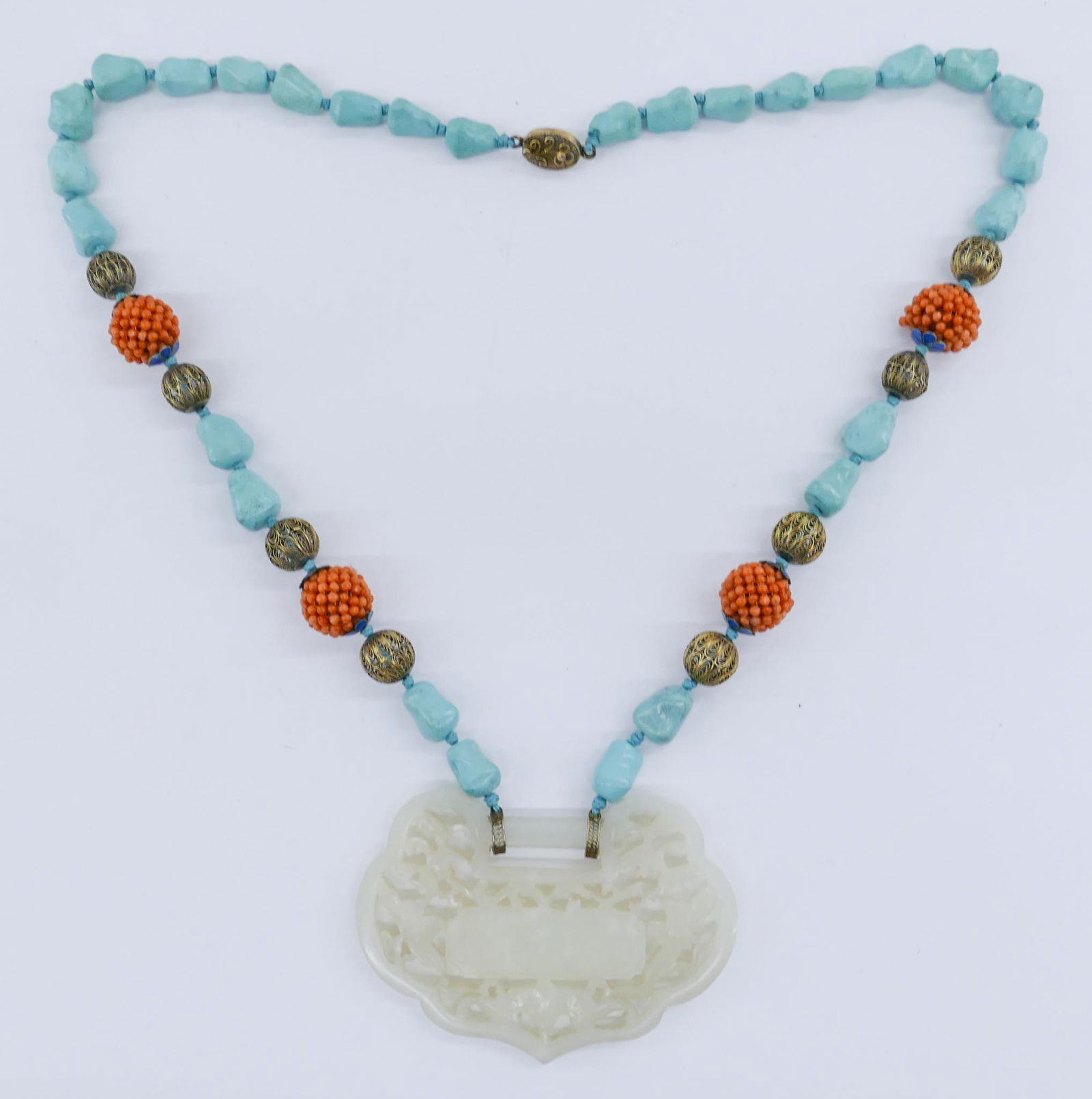 Chinese Jade and Turquoise Lock Pendant Necklace (1 of 6)