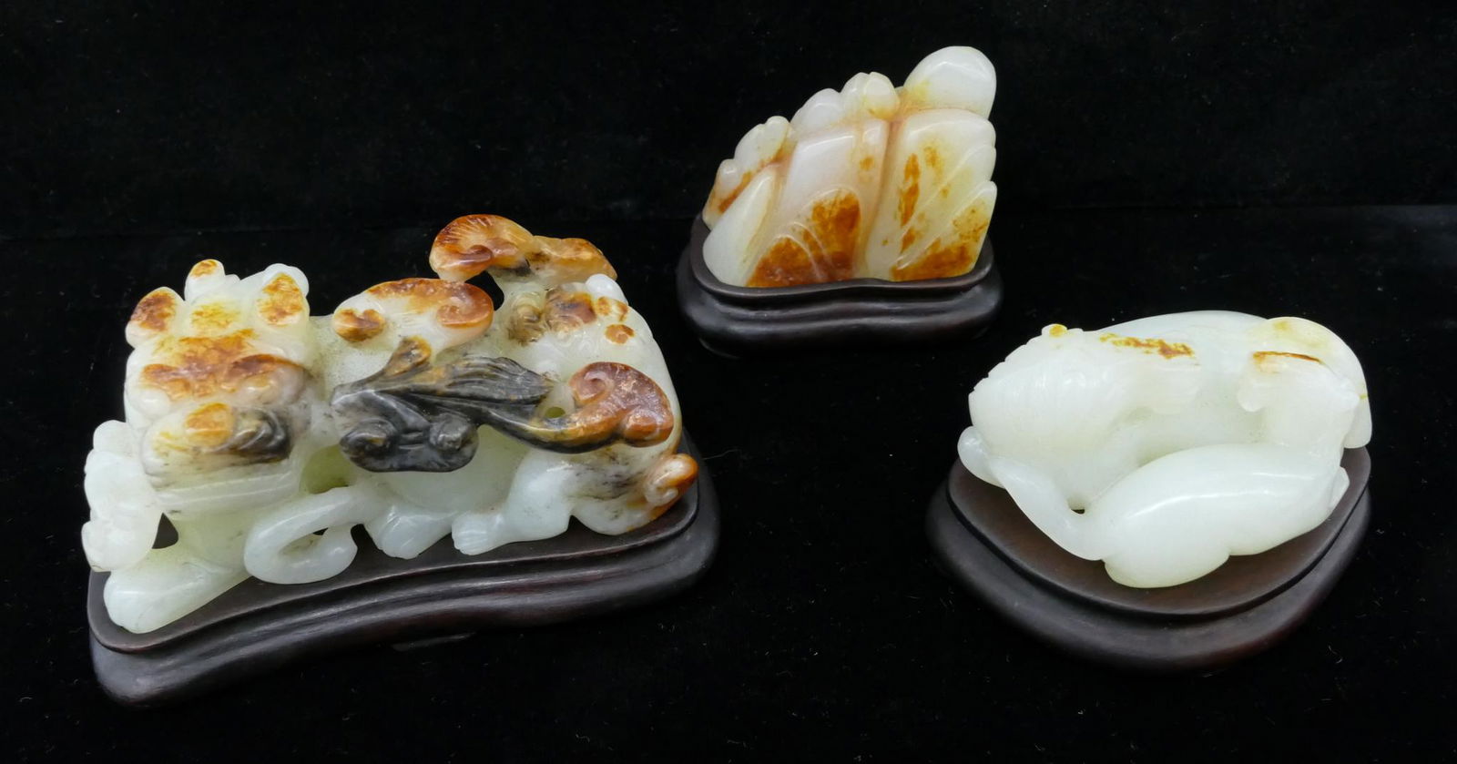 3pc Chinese Russet Splash Jade Carvings on Stands (1 of 4)
