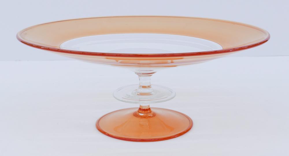 Pilchuck 1989 Incalmo Centerpiece Compote: Pilchuck 1989 Incalmo Centerpiece Compote Blown Glass 5''x13''. An orange to clear incalmo compote or taza. Signed ''Pilchuck 1989'' on bottom. Designed by William Morris and executed by Bryan Rubino,