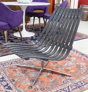 Hans Brattrud ''Scandia'' Black Lounge Chair: Hans Brattrud (1933-2017 Norwegian) ''Scandia'' Black Teak Lounge Chair 31''x26''x31''. Black painted teak slats with chrome base. Unmarked. Some slight edge wear to paint. Produced by Hove Mobler.