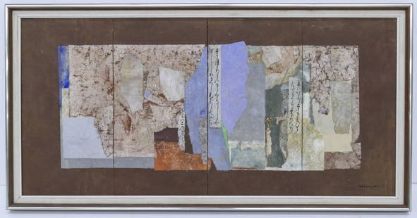 Paul Horiuchi ''Poetry of the Past'' (Screen) 1973: Paul Horiuchi (1906-1999 Washington) ''Poetry of the Past'' (Screen) 1973 Casein Collage on Japanese Screen 21''x43'' Image. Exceptional abstract four panel screen with touches of blue, green, and red