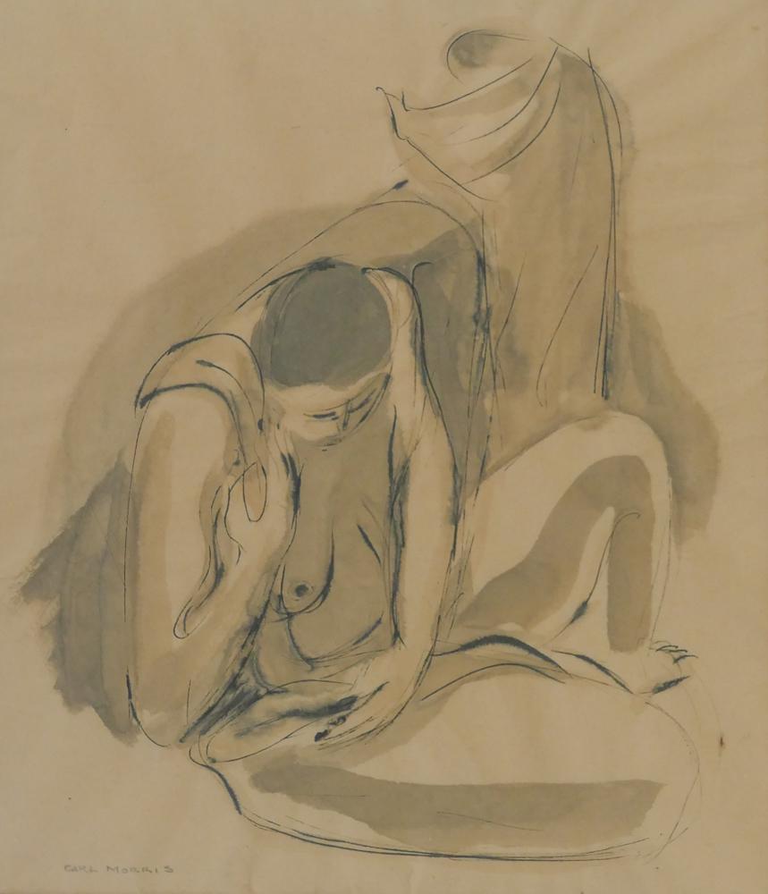 Carl Morris ''Figures'' 1950's Ink and Wash: Carl Morris (1911-1993 Oregon) ''Figures'' 1950's Ink and Wash on Paper 12.5''x11'' Sight. An early figurative abstraction. Signed l.l. Gallery framing 30''x26''. Overall excellent condition.