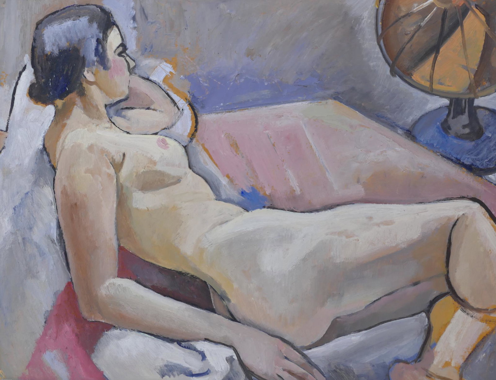 Viola Patterson ''Reclining Nude with Fan'' 1930's Oil: Viola Patterson (1989-1984 Washington) ''Reclining Nude with Fan'' 1930's Oil on Board 21''x27'' Image. Exceptional early WPA era composition. Signed on verso. Ornate gallery framing 27.5''x33.5''. Co
