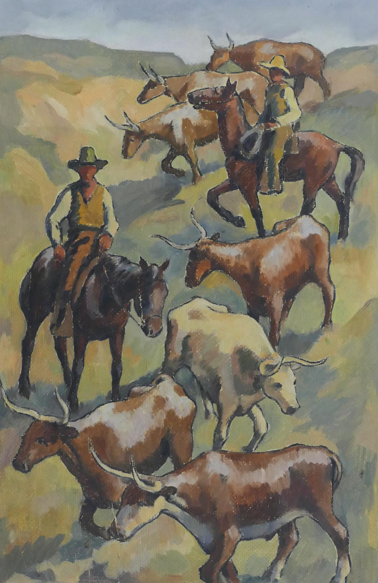 Jacob Elshin ''Longhorns'' (Mural Study) 1930's Oil (1 of 3)
