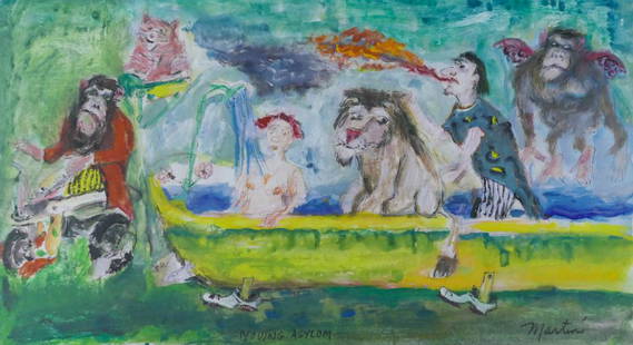 James Martin ''Moving Asylum'' 1990's Tempera: James Martin (1928-2020 Washington) ''Moving Asylum'' 1990's Tempera on Paper 10''x17'' Image. A whimsical composition of a boat with animals and figures. Signed and titled lower image. Framed 13''x20