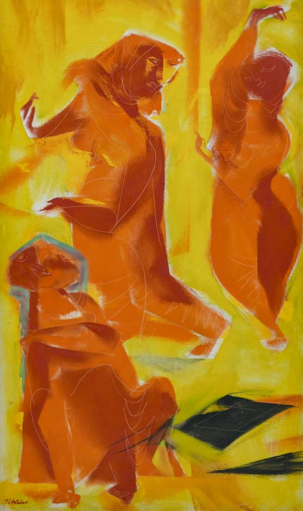 Joseph Wolins ''Inbal in Orange'' 1950's Oil: Joseph Wolins (1915-1999 American) ''Inbal in Orange'' 1950's Oil on Canvas 40''x24'' Image. Exceptional mid century abstraction with dancing figures. Signed l.l. Red framing 43''x27''. Excellent cond