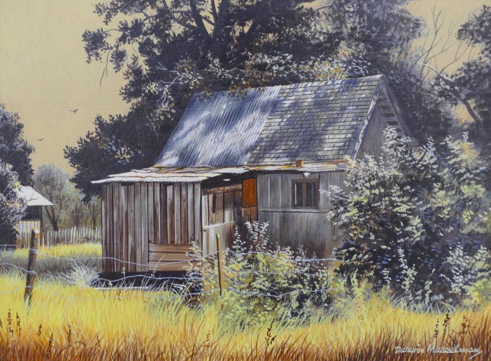Darwin Musselman ''House in the Shadows'' Oil: Darwin Musselman (1916-2001 American) ''House in the Shadows'' Oil on Masonite 9''x12'' Image. Exceptional rural landscape composition. Signed l.r. Original framing 17.5''x20.5''. Excellent condition.