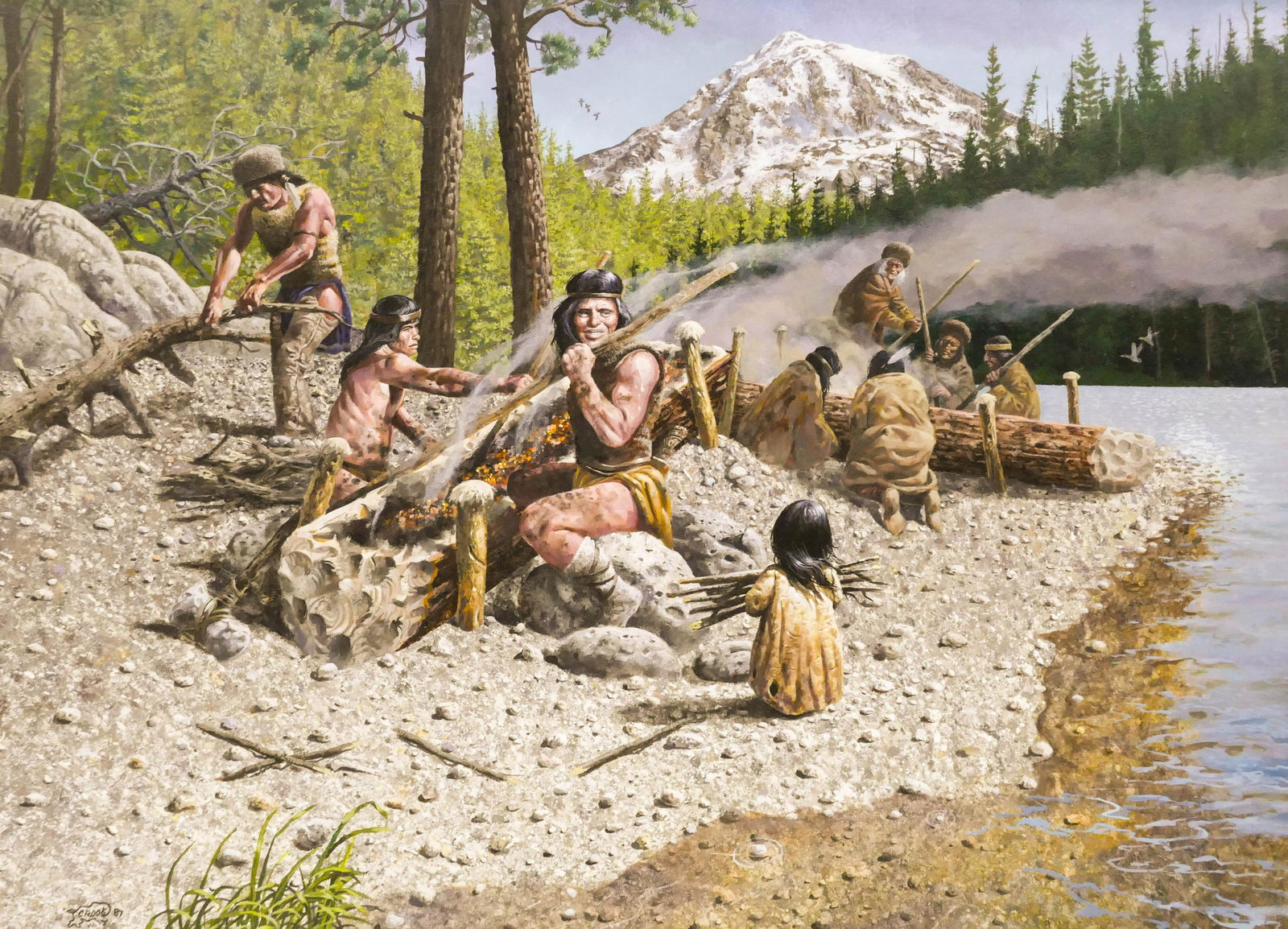 Don Crook ''The Dugout Builders'' 1987 Oil: Don Crook (b.1934 Washington) ''The Dugout Builders'' 1987 Oil on Masonite 28''x38'' Image. A western composition with natives. Signed and dated l.l. Gallery framed with title placard 35''x45''. Excel