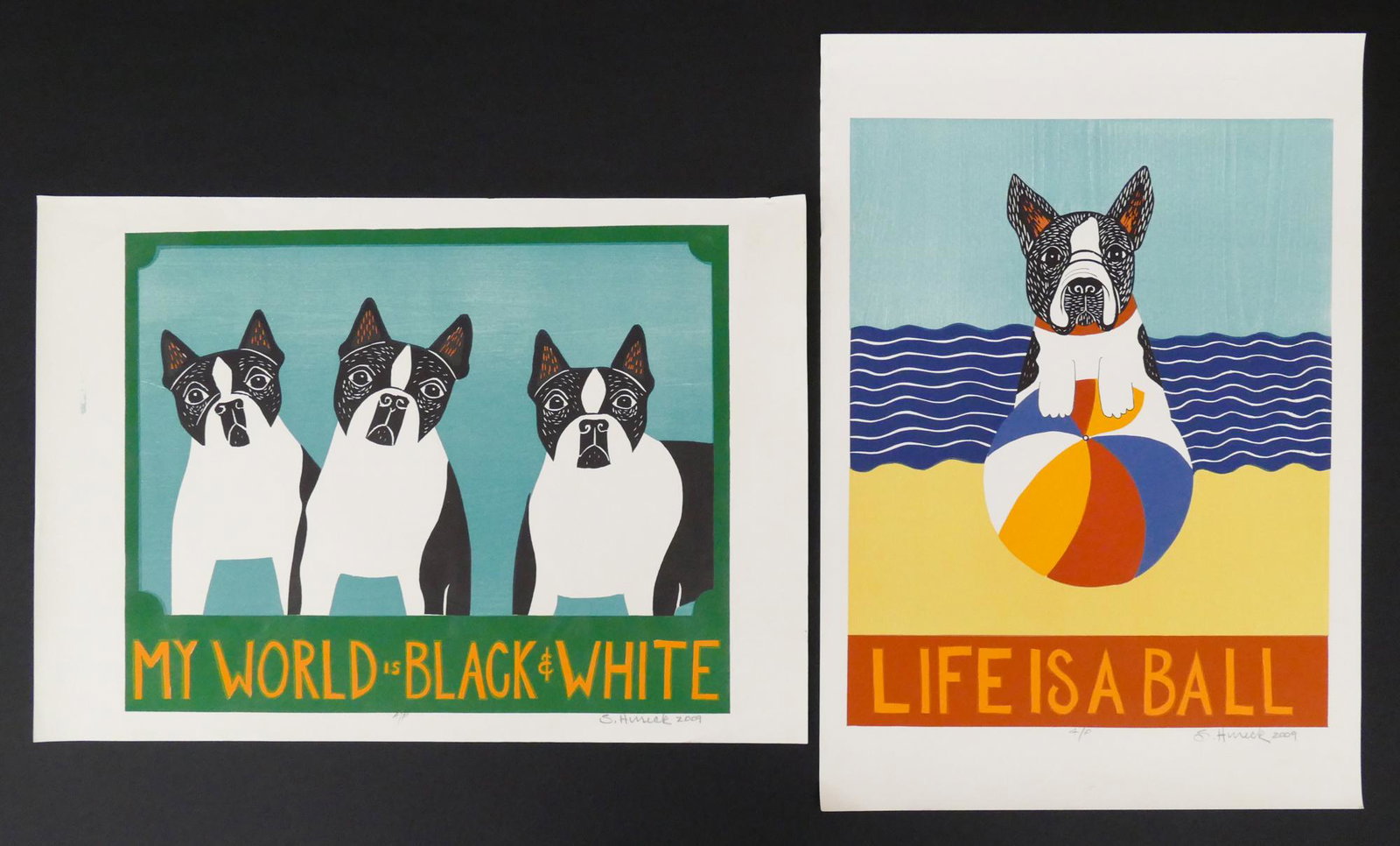2pc Stephen Huneck Boston Terrier AP Serigraphs, 2009 (1 of 6)