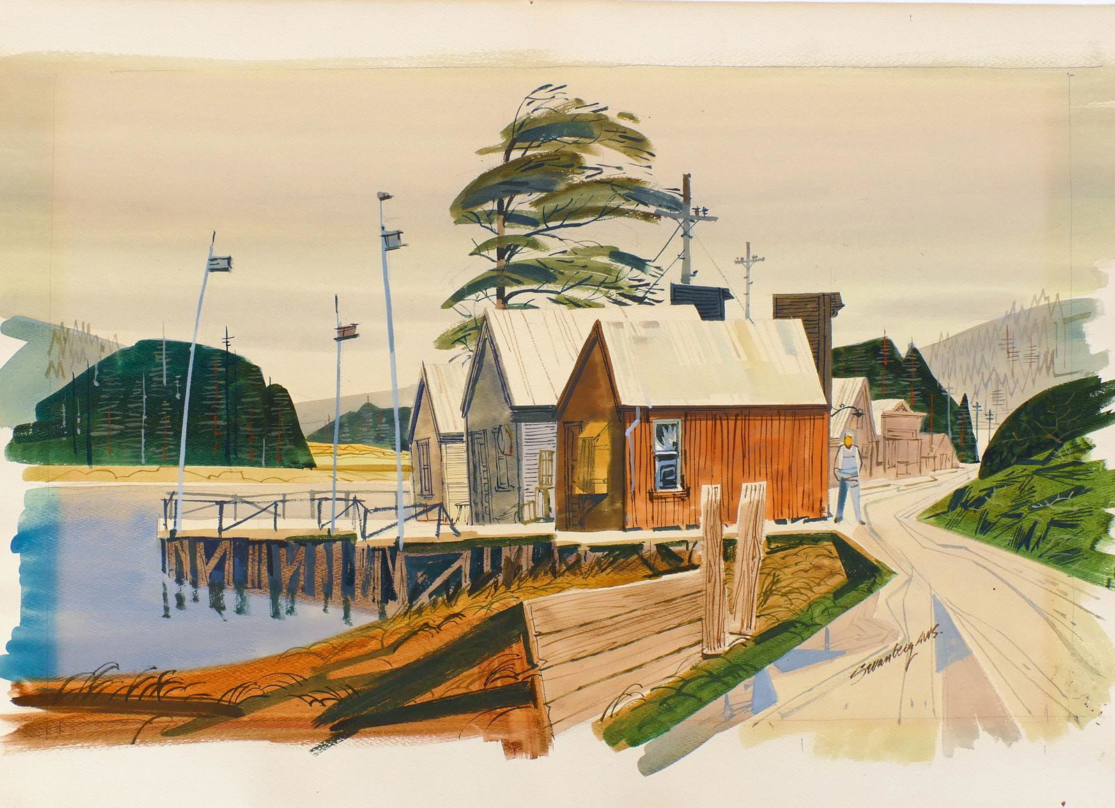 Charles Swanberg 'Cabins on the River' Watercolor (1 of 3)