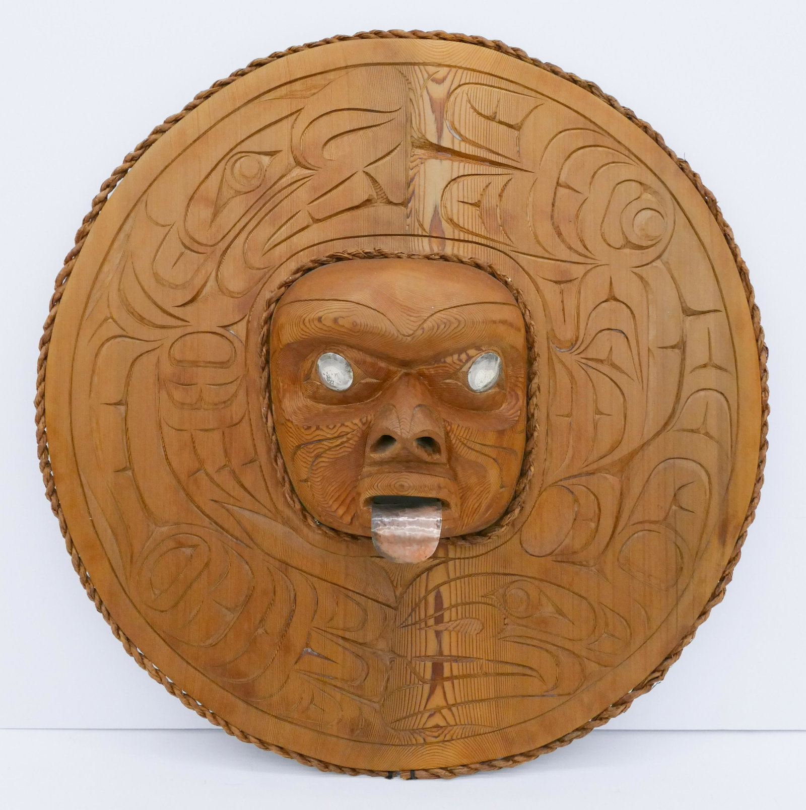 Trevor Hunt & Tim Alfred Kwakiutl Large Mask: Trevor Hunt & Tim Alfred (b.1975/b.1967 Kwakiutl) ''Killer Whale Hunting Sea Lion'' 2001 Cedar Mask 37''x36''x9''. Exceptional carved u-form round mask with killer whale and sea lion motifs. Applied w