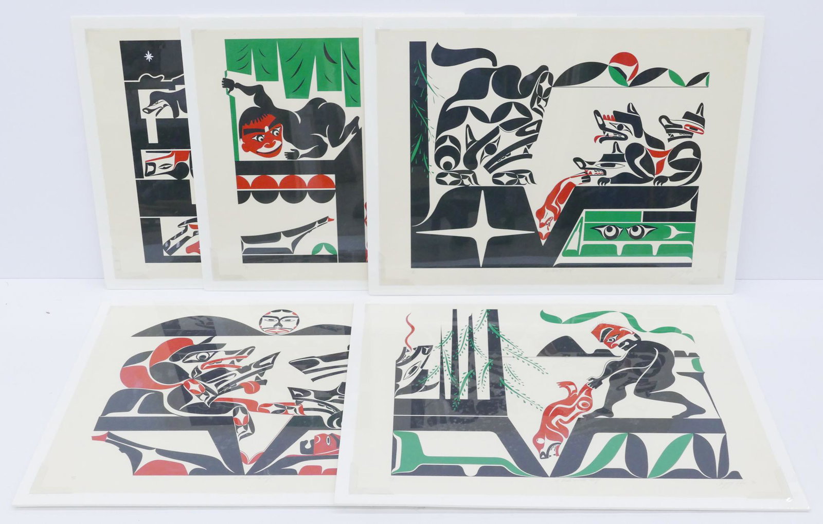 5pc Greg Colfax ''The Hunter and The Wolf'' 1990 Serigraph Suite: 5pc Greg Colfax (b.1948 Makah) ''The Hunter and The Wolf'' 1990 Serigraph Suite 21.5''x29.5'' Sheets. Each pencil signed and numbered 20 of 80 edition lower margin. Professionally matted, unframed. Ex