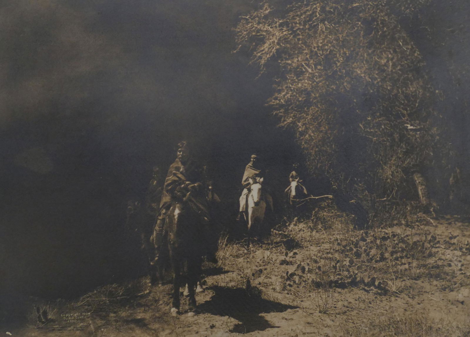 Edward Curtis ''Out of the Darkness'' 1904: Edward Curtis (1868-1952 American) ''Out of the Darkness'' 1904 Platinum Print 11.5''x16'' Image. Plate signed ''Copyright 1904 by E.S. Curtis X180'' lower left. Original painted red oak framing 14''x