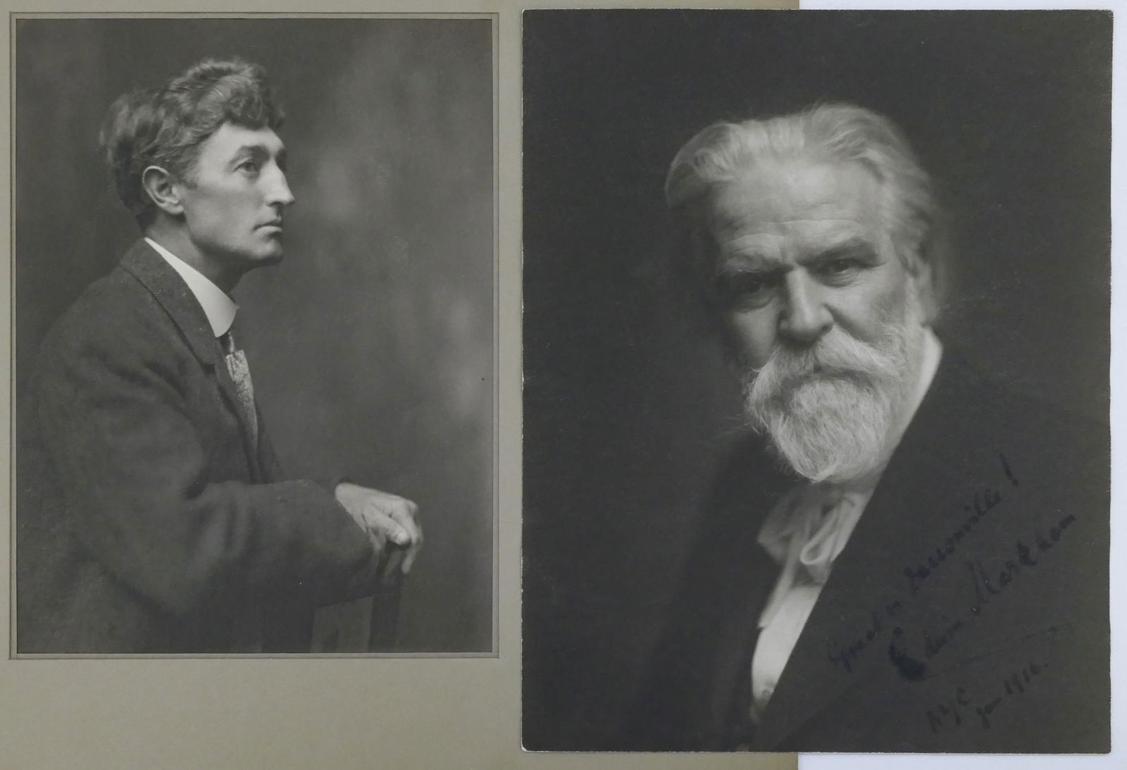 2pc William Dassonville ''Famous Poets'' Platinum Print: 2pc William Dassonville (1879-1957 American) ''Famous Poets'' (George Sterling and Edwin Markham) Platinum Prints. Includes an autographed photo of Edwin Markham dated 1916 measuring 9.5''x7.5'' and a