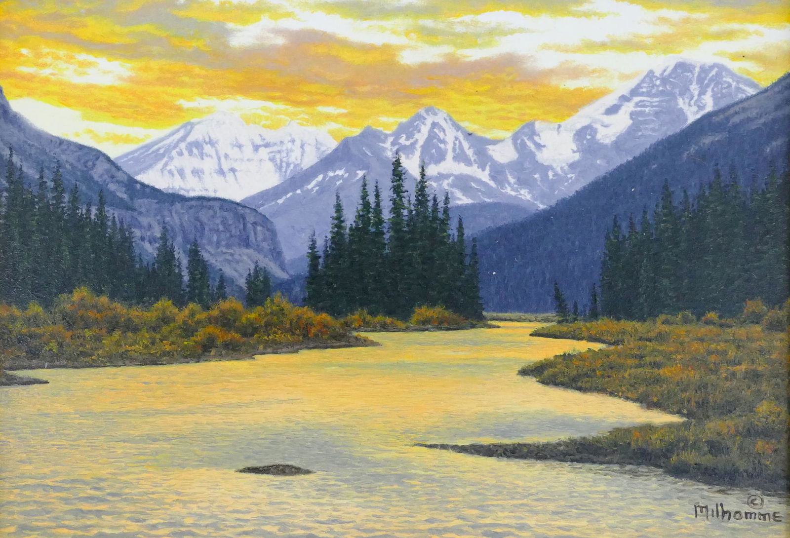 Denis Milhomme ''Deep Sunset'' Oil: Denis Milhomme (b.1954 American) ''Deep Sunset'' Oil on Masonite 5''x7'' Image. Signed and dated l.r. Gallery framing 13.5''x15.5''. Excellent condition.