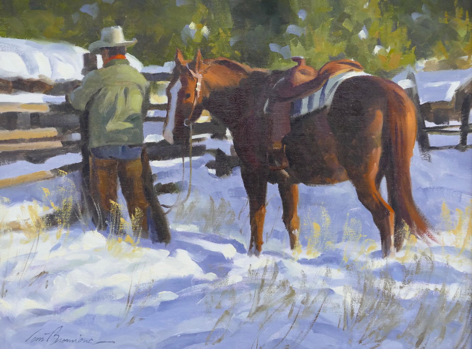 Tom Browning ''Back Home'' (Western) Oil: Tom Browning (b.1949 Oregon) ''Back Home'' (Western) Oil on Board 12''x16'' Image. Signed l.l. Commissioned work purchased at Lahaina Gallery, Maui. Gallery framed 18''x22''. Excellent condition.