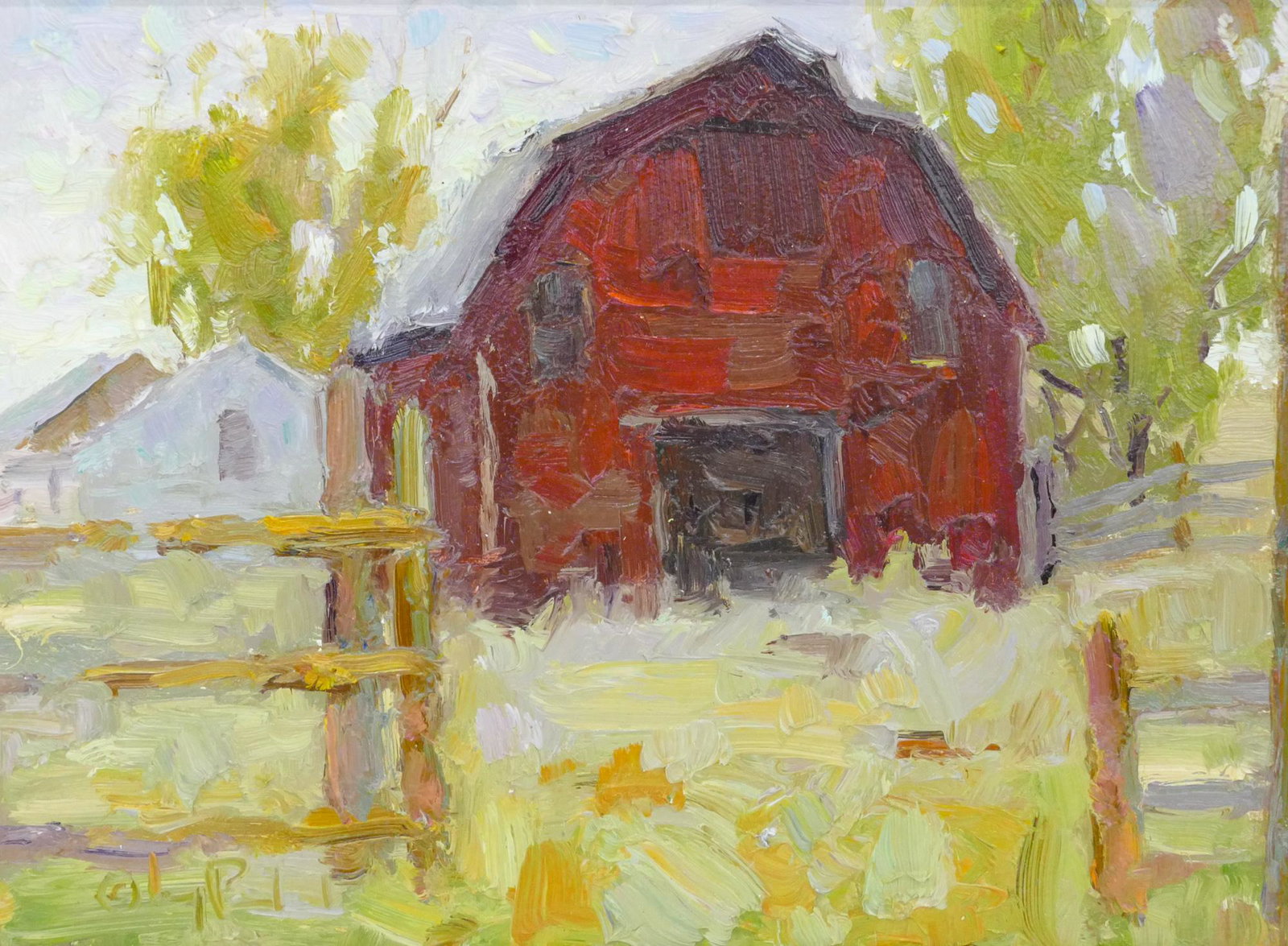 Gregory Packard ''Old World Comfort'' (Barn) 2002 Oil: Gregory Packard (b.1970 American) ''Old World Comfort'' (Red Barn) 2002 Oil on Board 9''x12'' Image. Signed l.l. Purchased at Scottsdale Fine Art Gallery, Arizona. Gilt gallery framing 13.5''x16.5''. 
