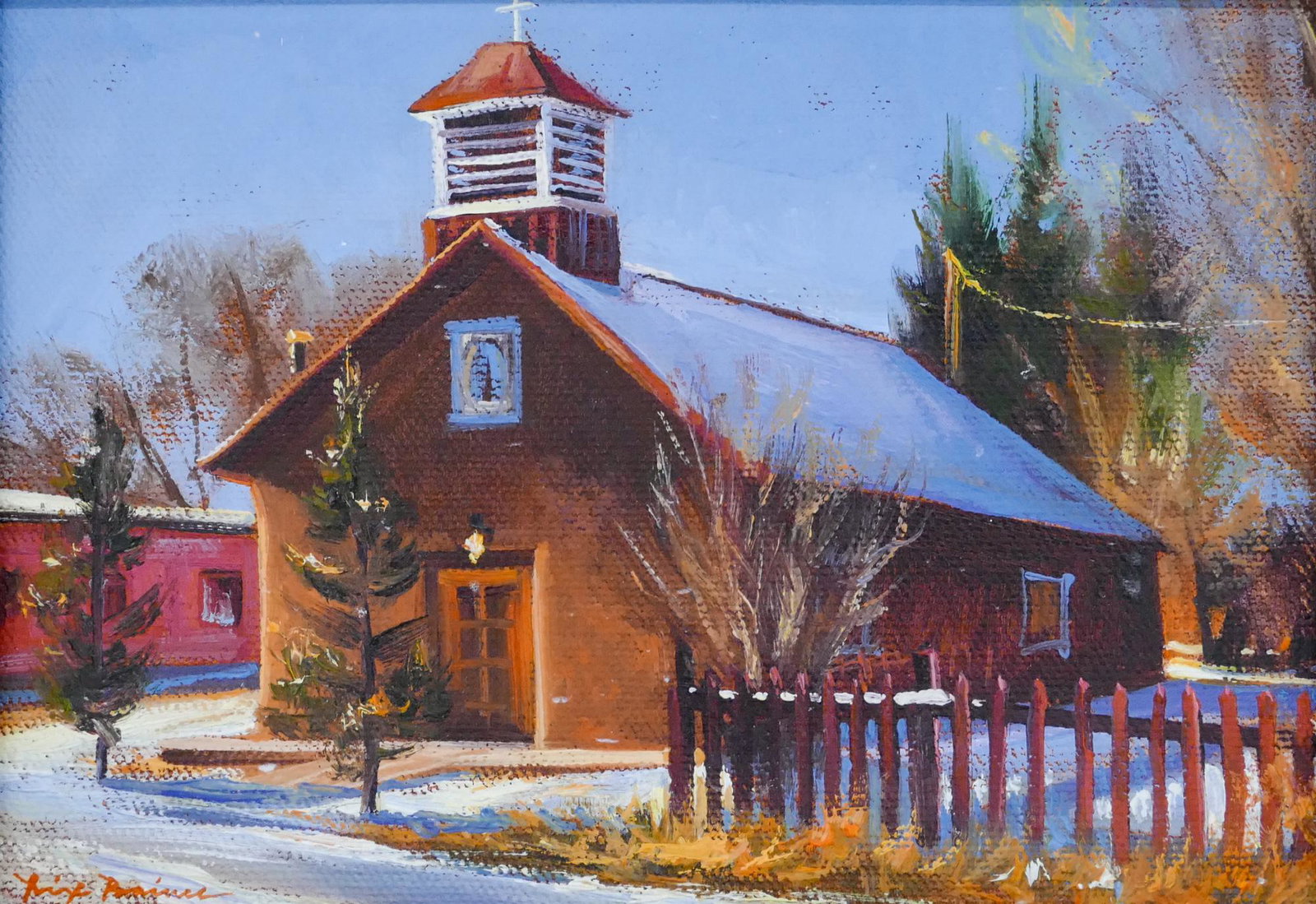 Dix Baines ''Ranchos Snow'' 2004 Oil: Dix Baines (b.1961 Colorado) ''Ranchos Snow'' (Church) 2004 Oil on Board 5''x7'' Image. Signed l.l. Framed 6''x8''. Excellent condition.